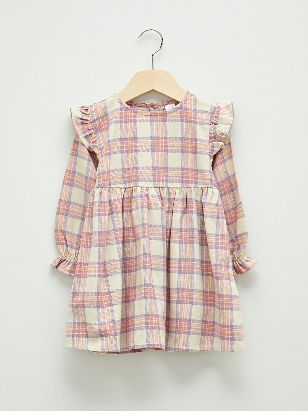 Mor Bisiklet Yaka Uzun Kollu Ekose Desenli Kız Bebek Elbise