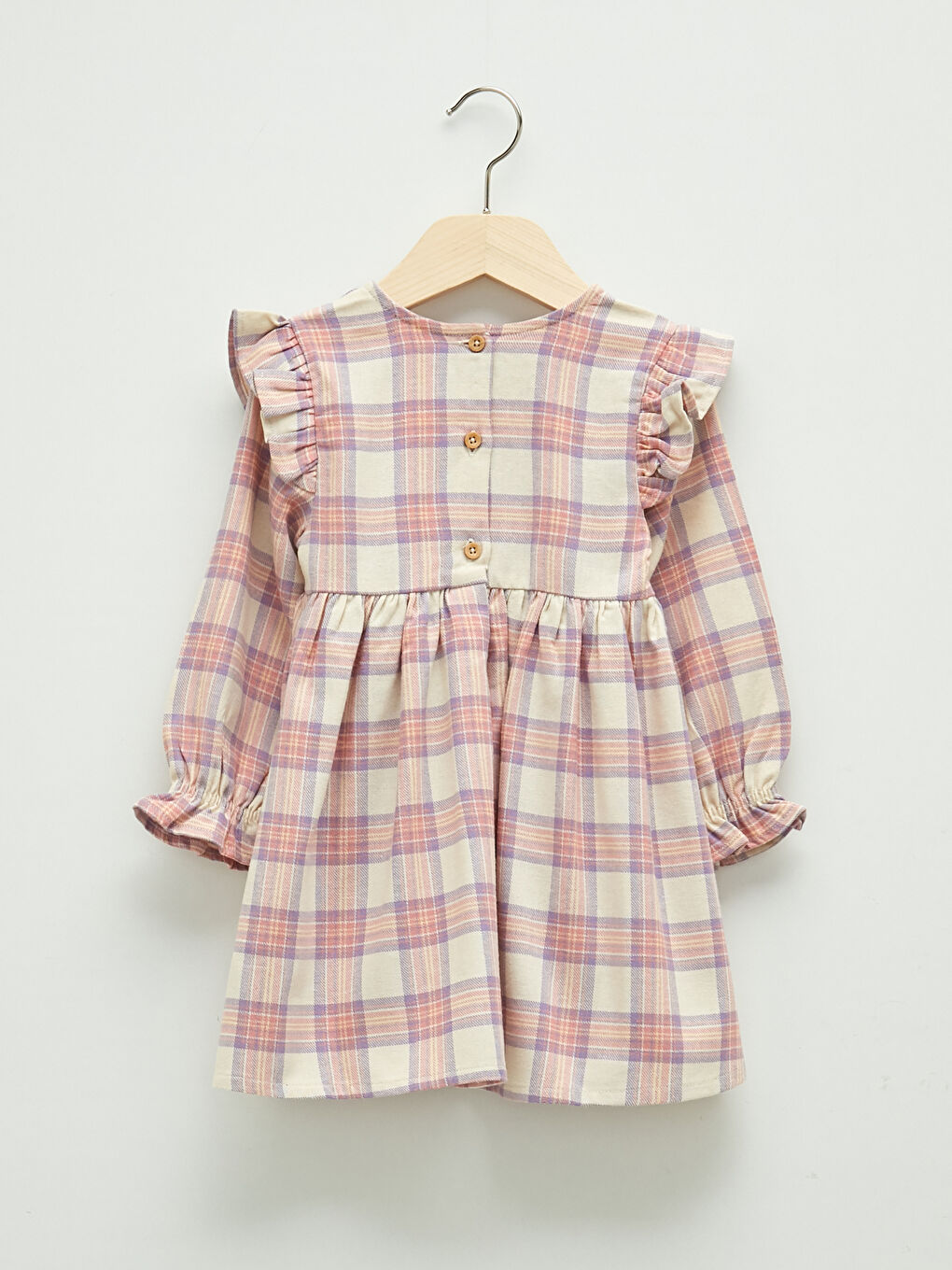 Mor Bisiklet Yaka Uzun Kollu Ekose Desenli Kız Bebek Elbise-1