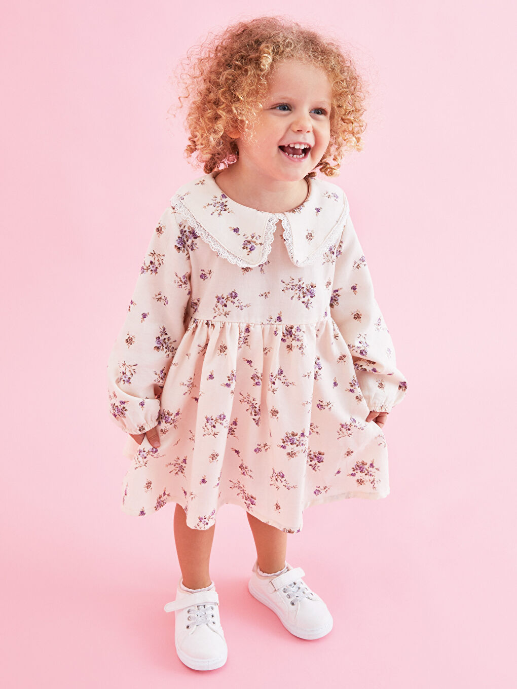 Crew Neck Long Sleeve Floral Baby Girls' Dress-1