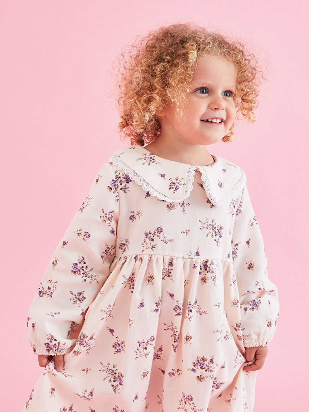 Crew Neck Long Sleeve Floral Baby Girls' Dress-2