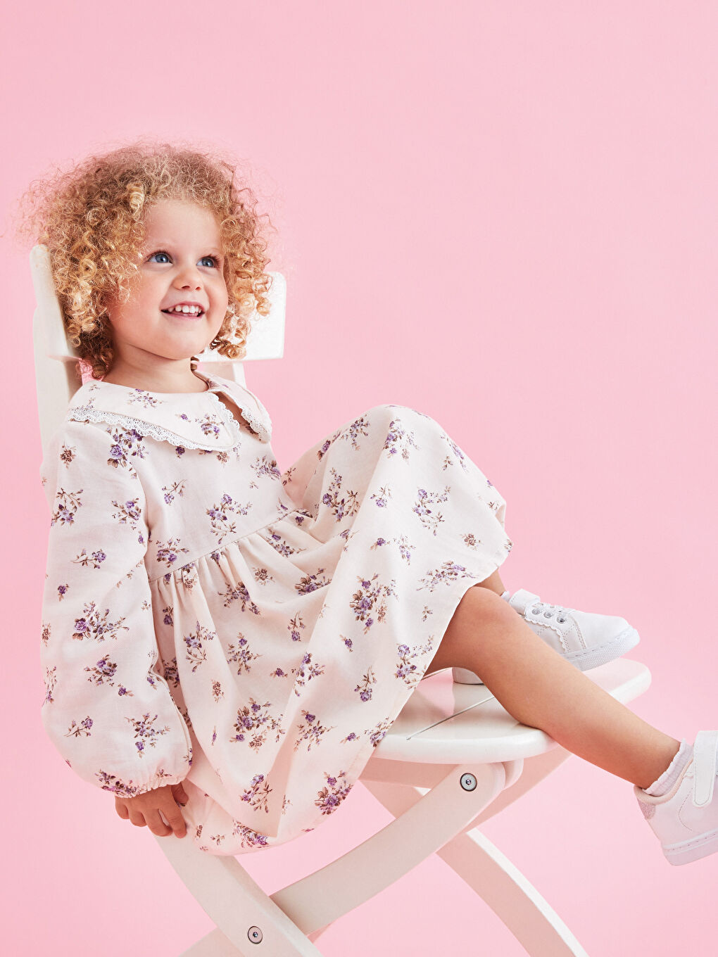 Crew Neck Long Sleeve Floral Baby Girls' Dress-3