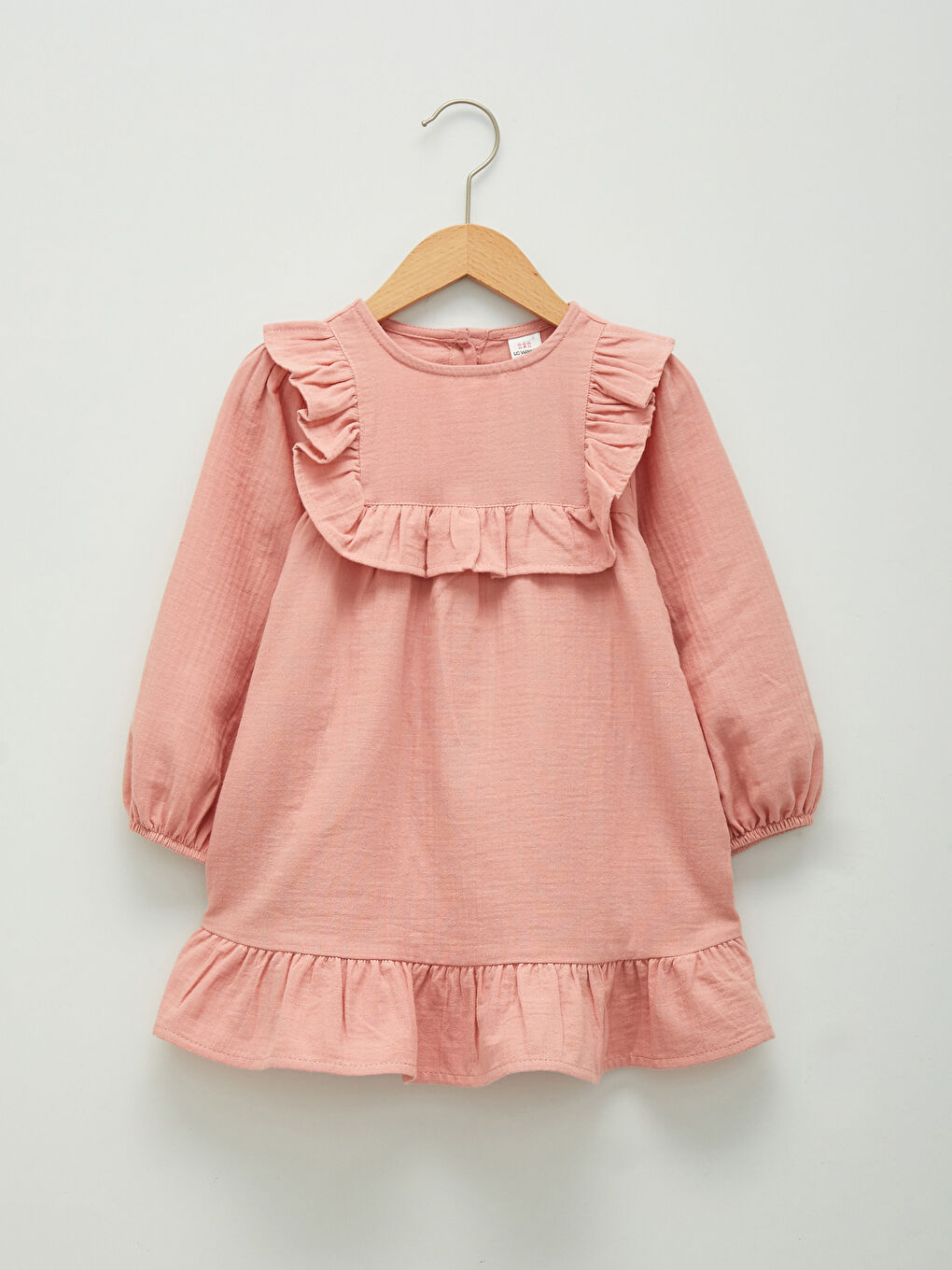 Robe Bébé Fille Basique en Mousseline de Coton à Col Rond, Manches Longues et Détails à Volants