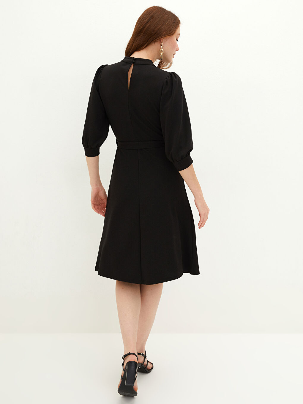 Rochie pentru Femei din Crep cu Guler Crep și Mâneci Tip Balon Simple-3