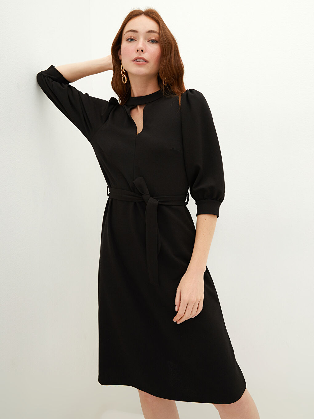 Rochie pentru Femei din Crep cu Guler Crep și Mâneci Tip Balon Simple-4