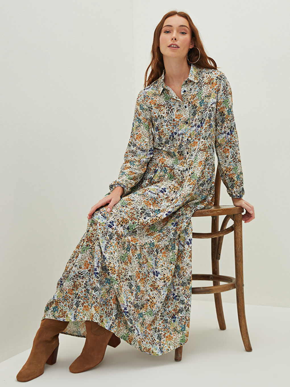 Shirt Neck Patterned Long Sleeve Viscose Women's Dress