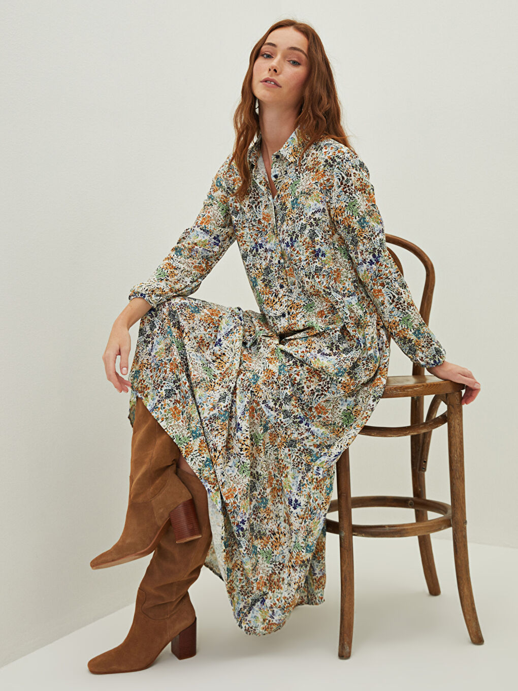 Shirt Neck Patterned Long Sleeve Viscose Women's Dress-1