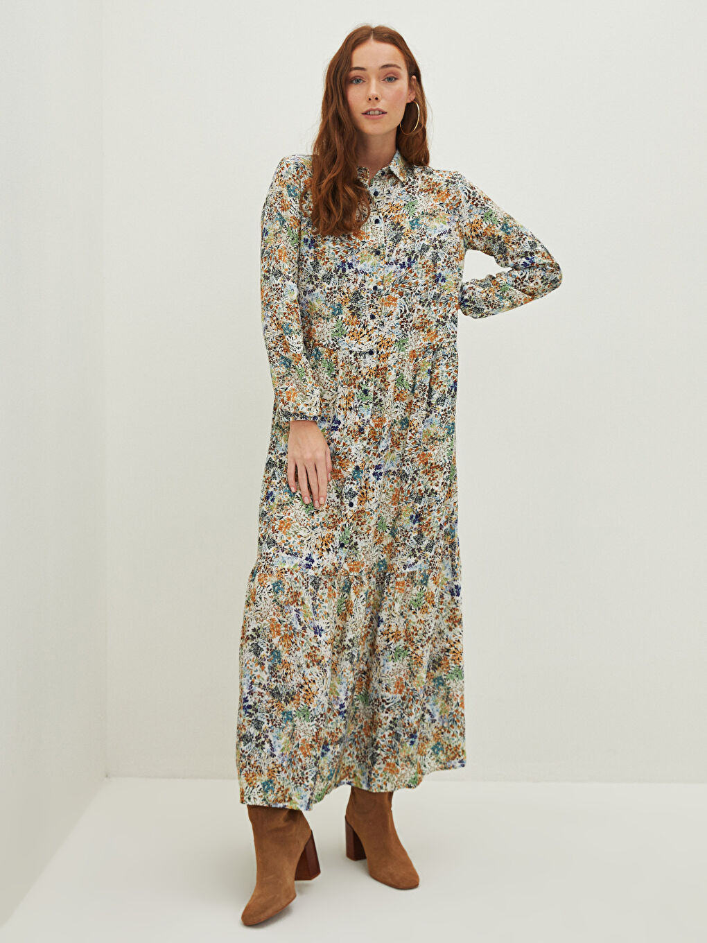Shirt Neck Patterned Long Sleeve Viscose Women's Dress-2