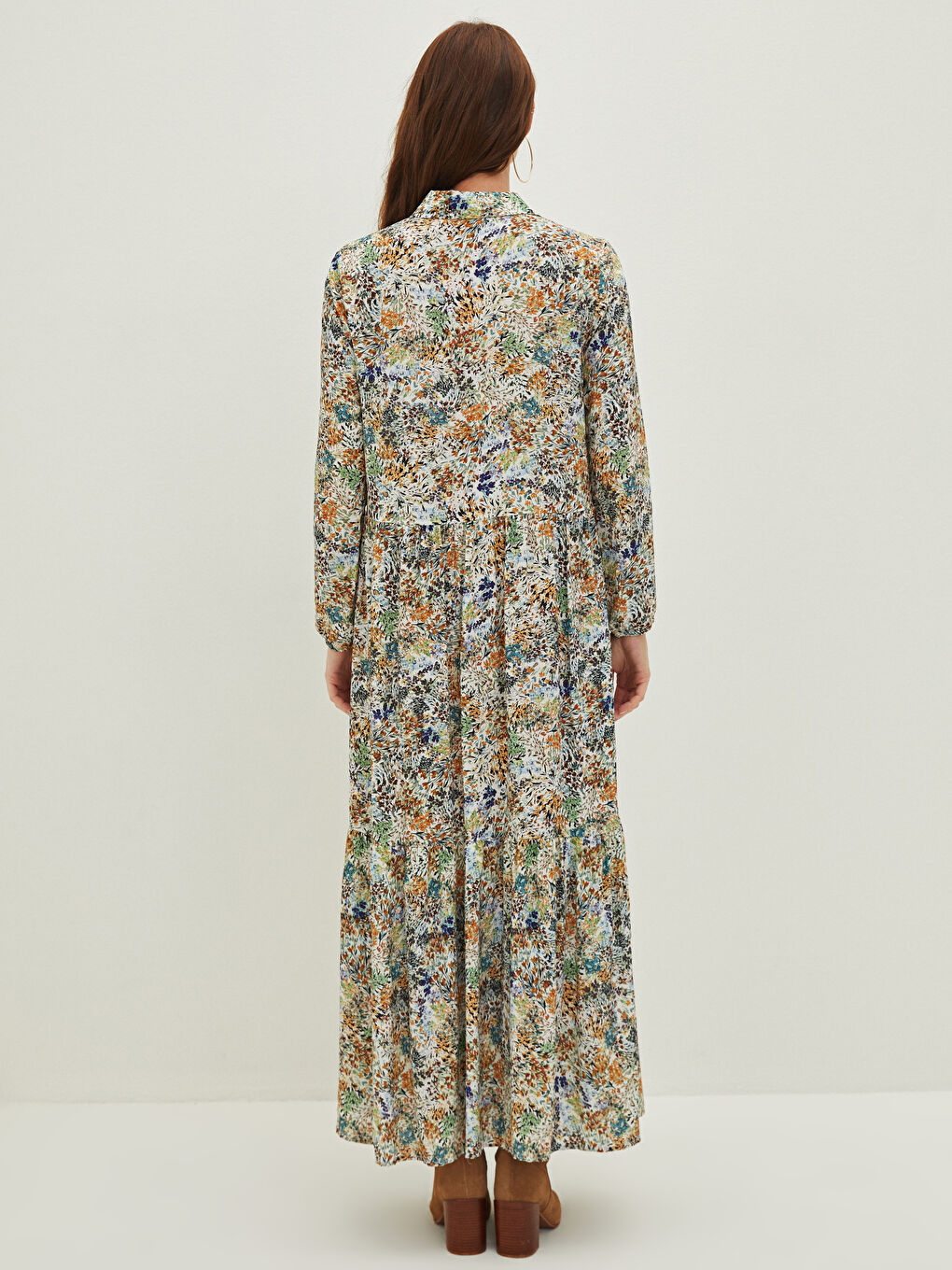 Shirt Neck Patterned Long Sleeve Viscose Women's Dress-3