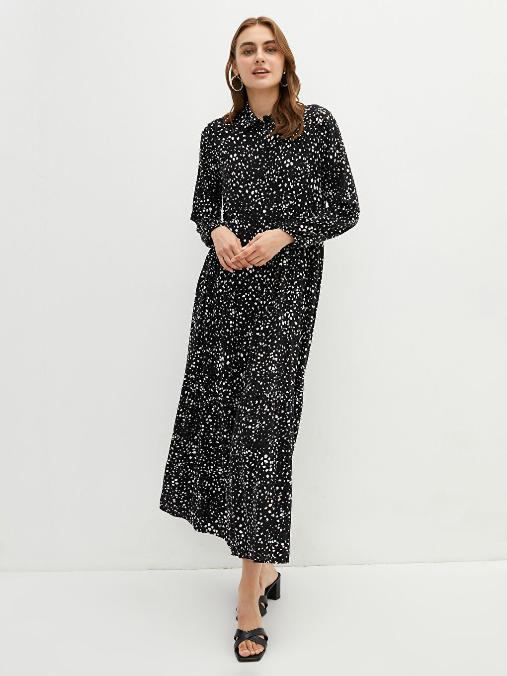 Shirt Neck Patterned Long Sleeve Viscose Women's Dress-2