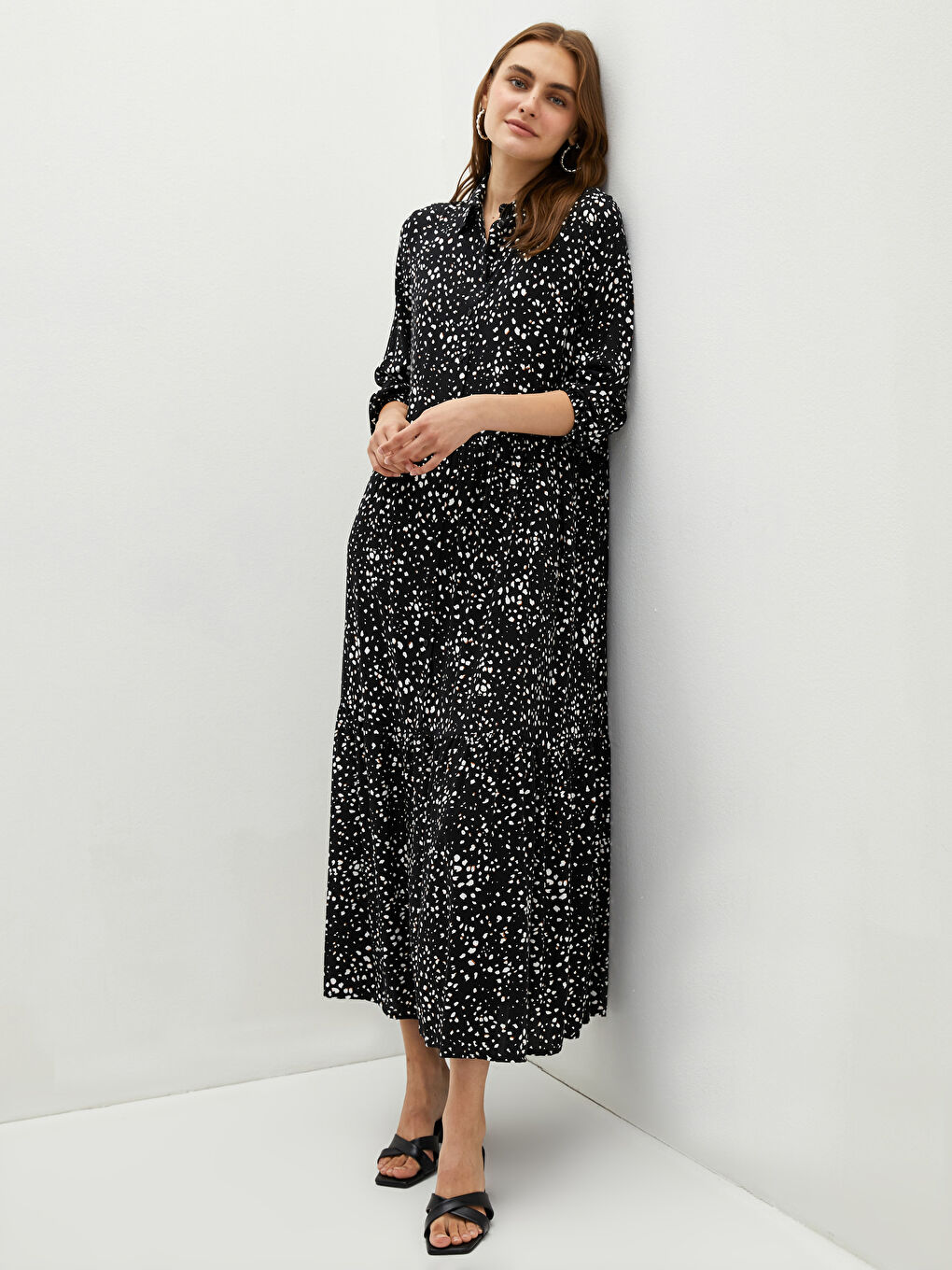 Shirt Neck Patterned Long Sleeve Viscose Women's Dress-3