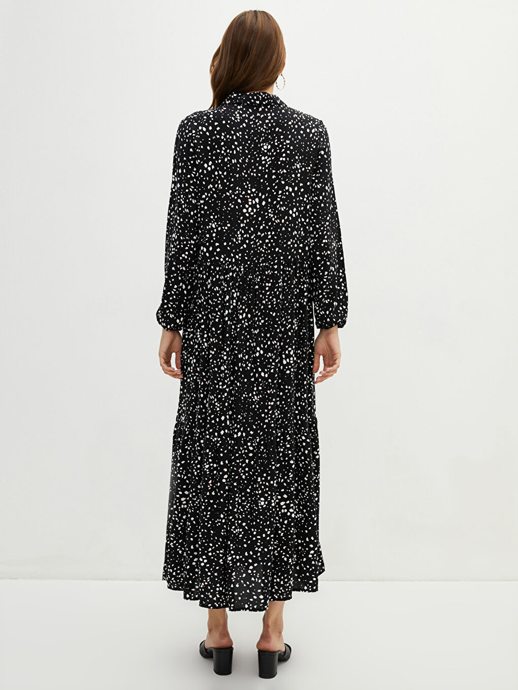 Shirt Neck Patterned Long Sleeve Viscose Women's Dress-4