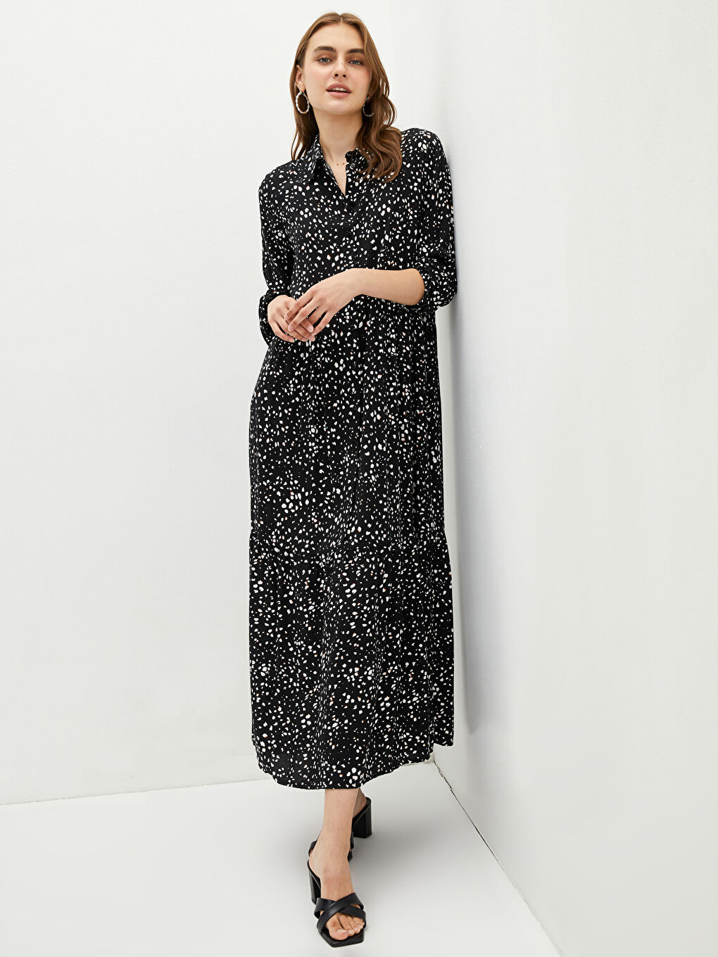 Shirt Neck Patterned Long Sleeve Viscose Women's Dress