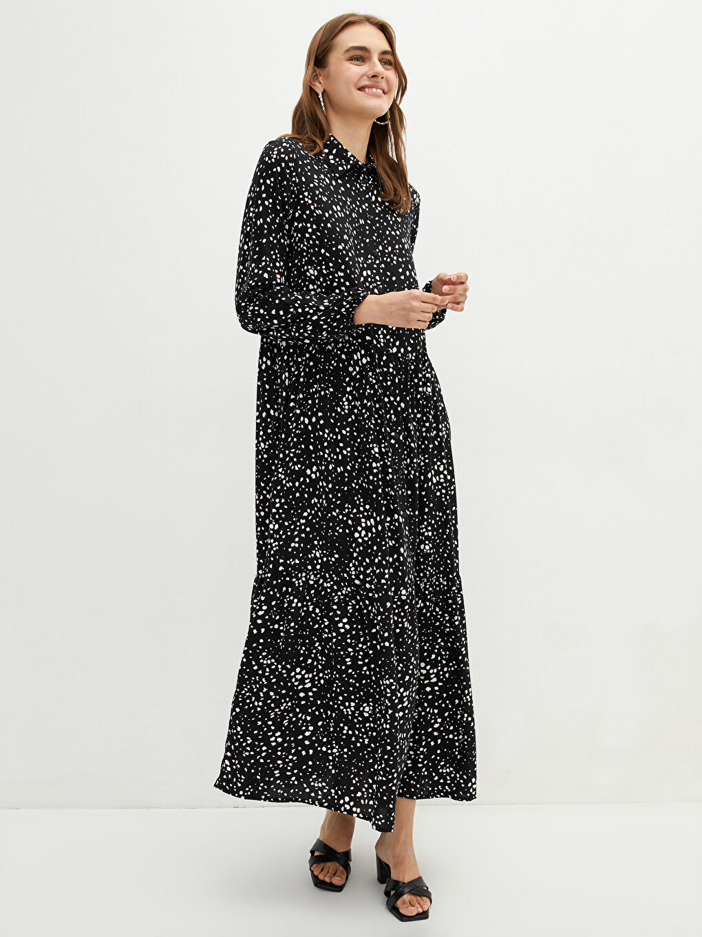 Shirt Neck Patterned Long Sleeve Viscose Women's Dress-1