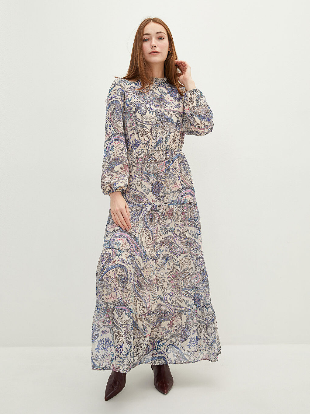 Ekru Fırfırlı Yaka Desenli Uzun Kollu Şifon Kumaş Kadın Elbise-1