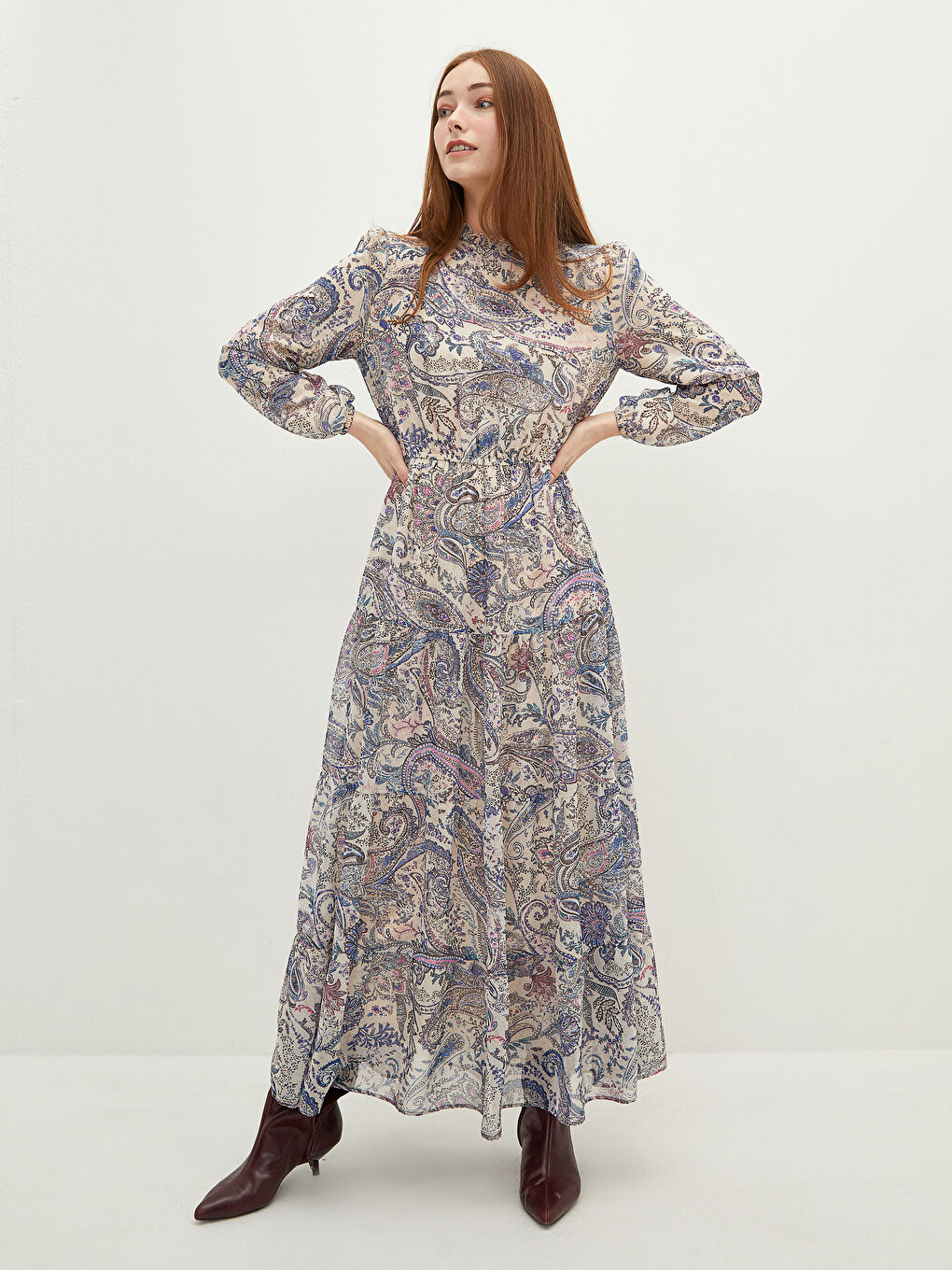 Ekru Fırfırlı Yaka Desenli Uzun Kollu Şifon Kumaş Kadın Elbise-2