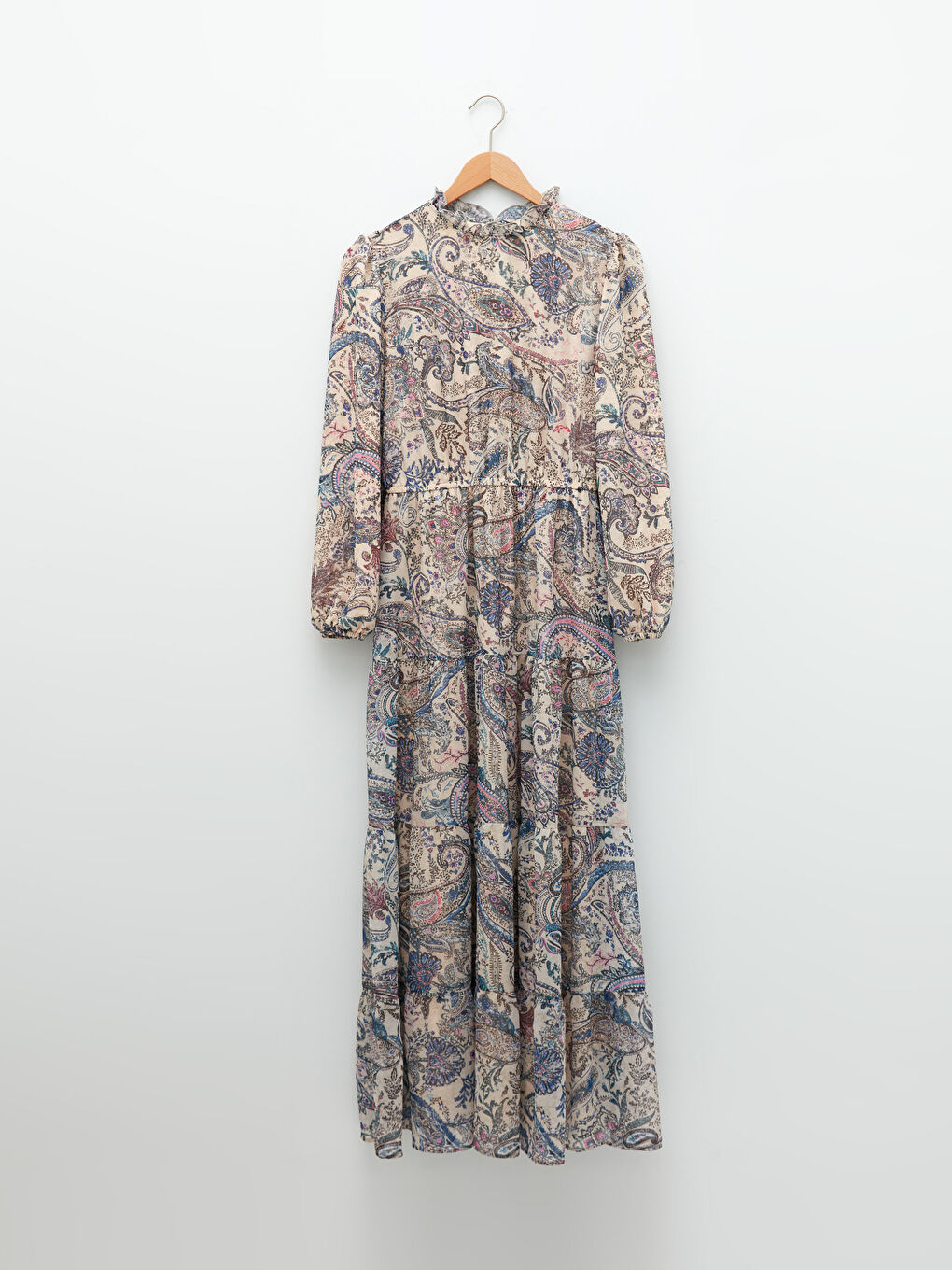 Ekru Fırfırlı Yaka Desenli Uzun Kollu Şifon Kumaş Kadın Elbise-5