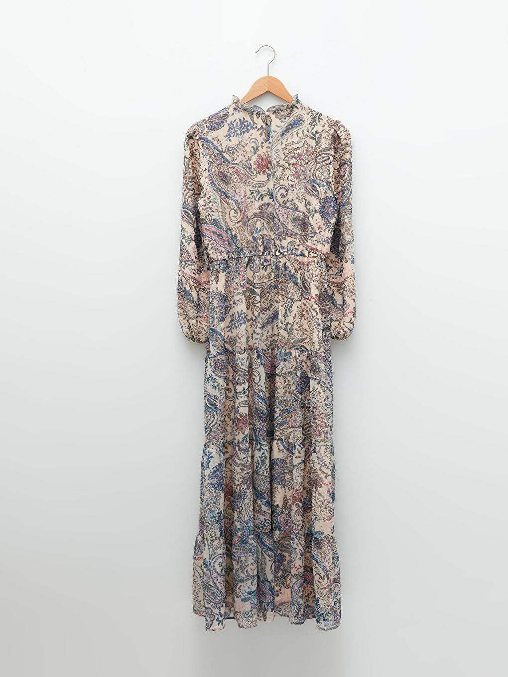 Ekru Fırfırlı Yaka Desenli Uzun Kollu Şifon Kumaş Kadın Elbise-6