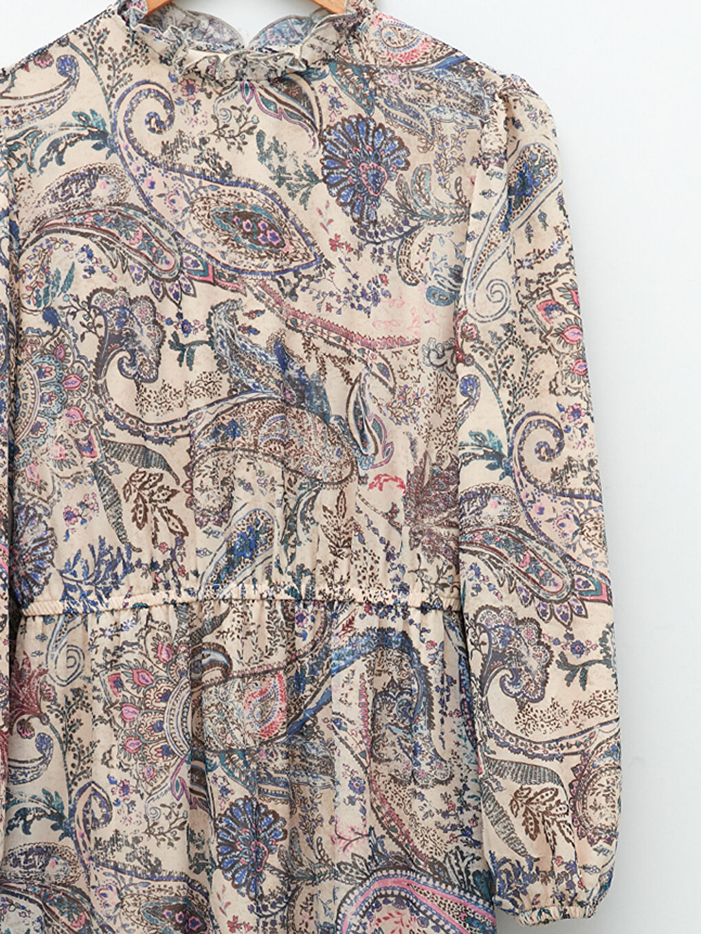 Ekru Fırfırlı Yaka Desenli Uzun Kollu Şifon Kumaş Kadın Elbise-7