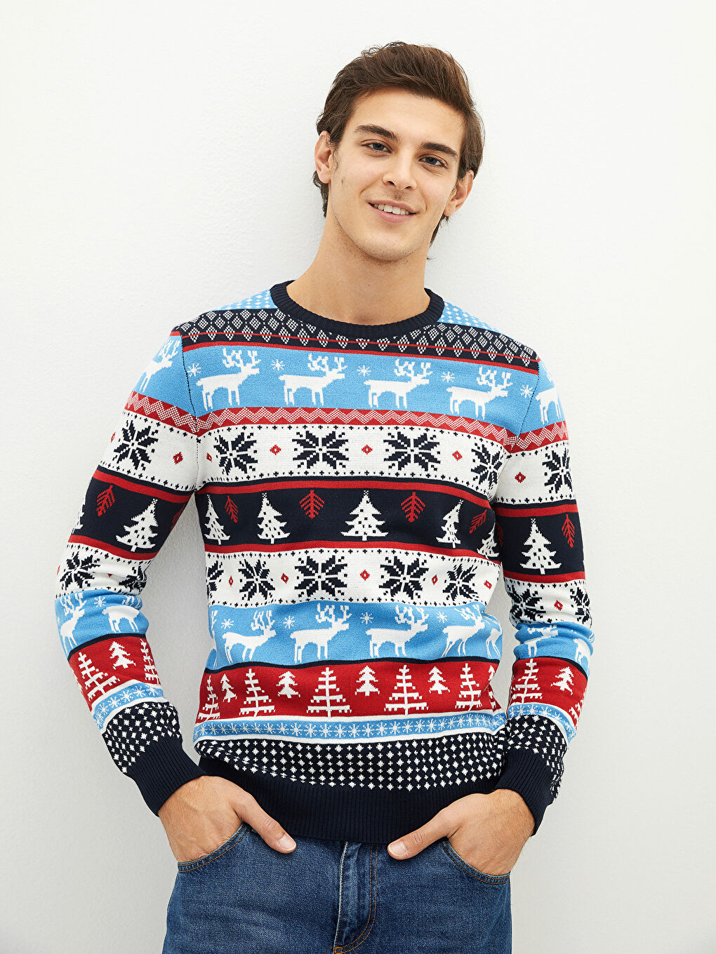 Bisiklet Yaka Uzun Kollu Yılbaşı Temalı Erkek Triko Kazak Baba ve Oğul Kombini