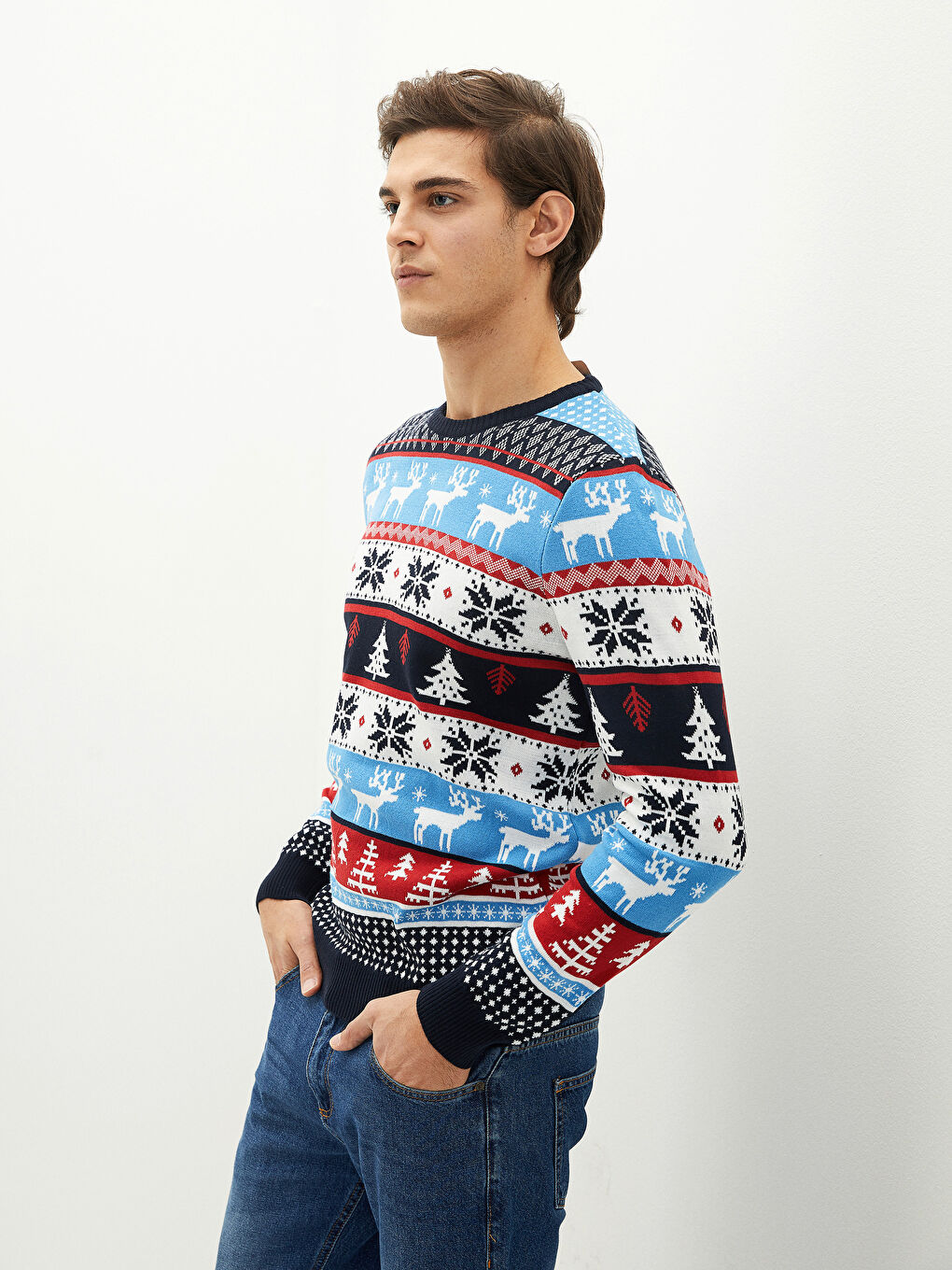 Bisiklet Yaka Uzun Kollu Yılbaşı Temalı Erkek Triko Kazak Baba ve Oğul Kombini-1