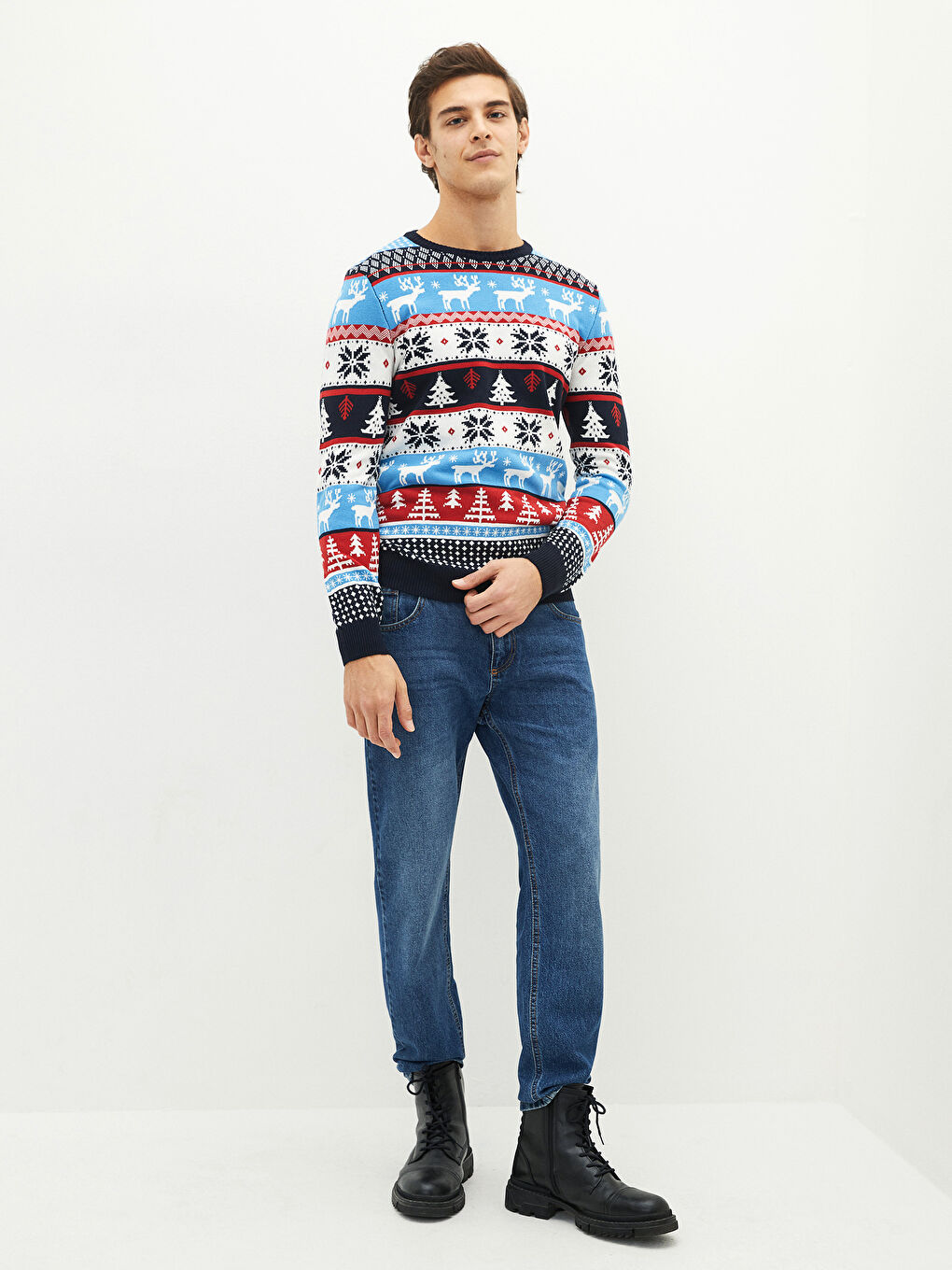 Bisiklet Yaka Uzun Kollu Yılbaşı Temalı Erkek Triko Kazak Baba ve Oğul Kombini-3