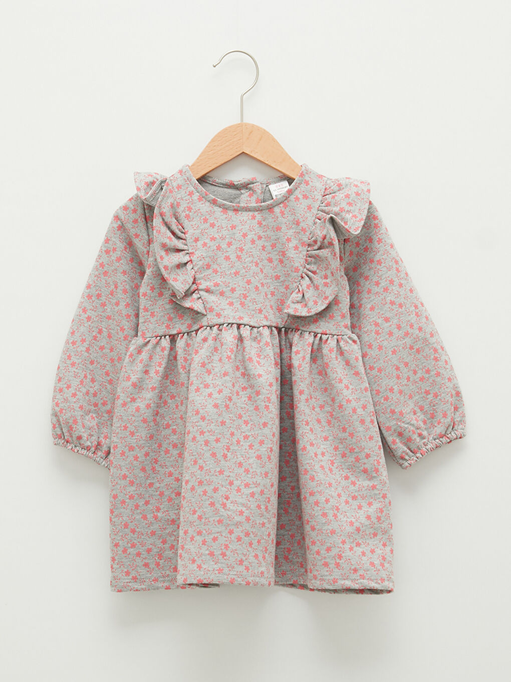Gri Bisiklet Yaka Uzun Kollu Desenli Kız Bebek Elbise