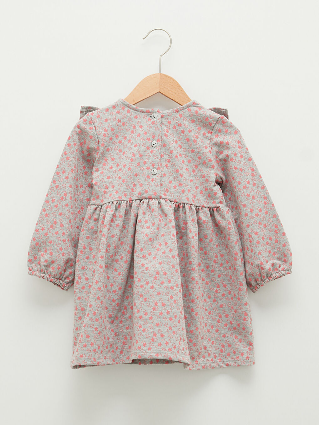 Gri Bisiklet Yaka Uzun Kollu Desenli Kız Bebek Elbise-1