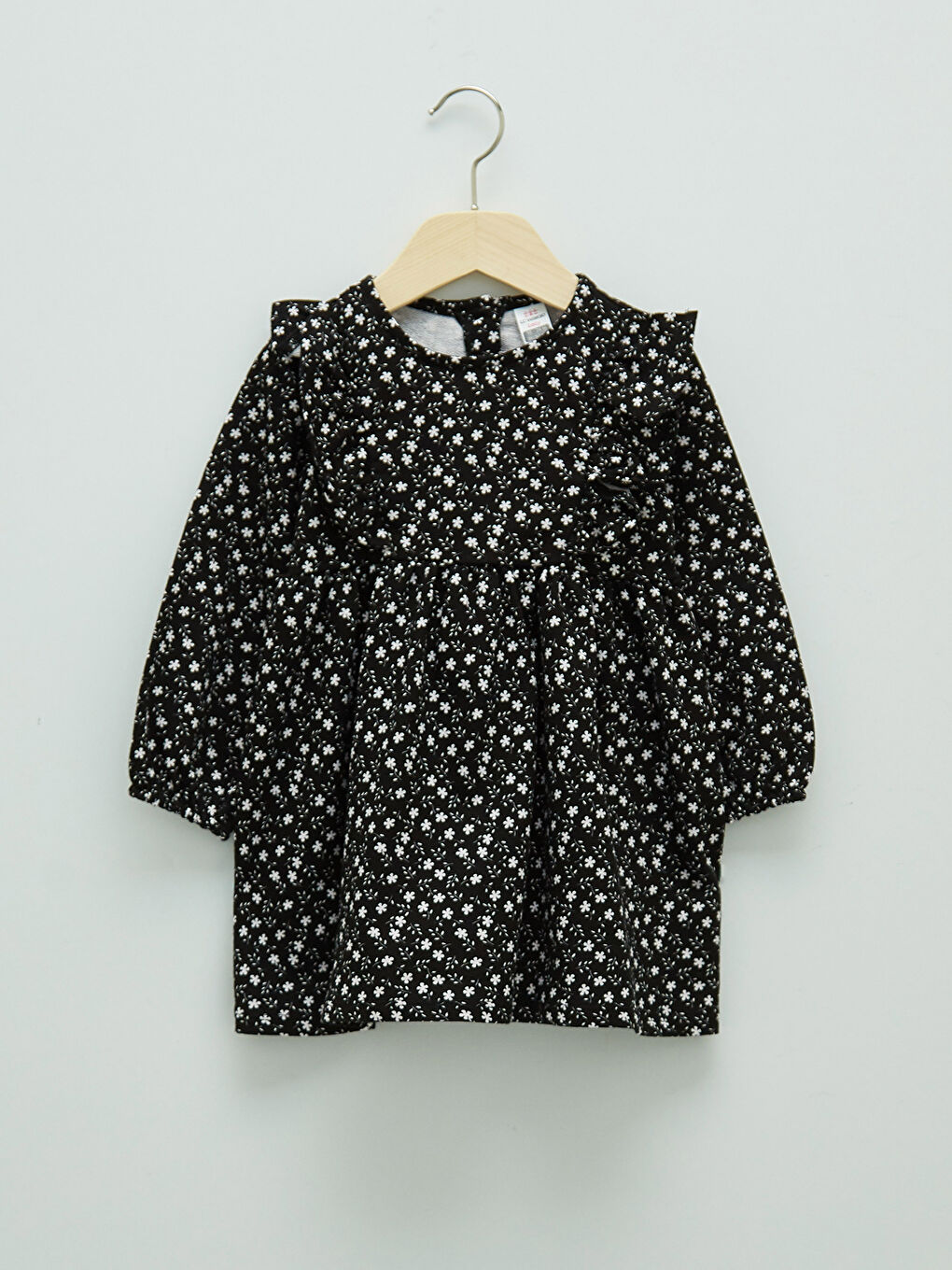 Siyah Bisiklet Yaka Uzun Kollu Desenli Kız Bebek Elbise