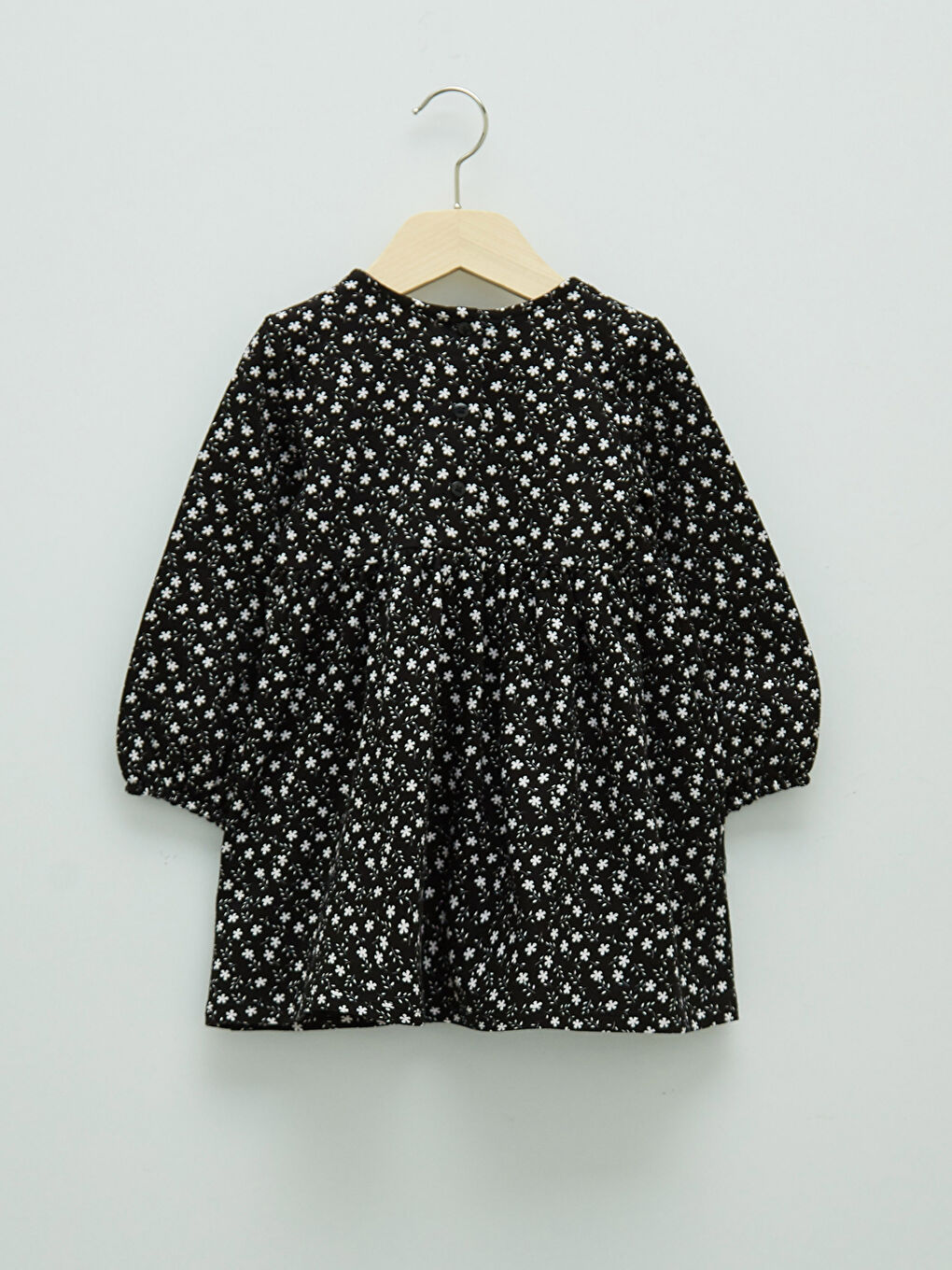 Siyah Bisiklet Yaka Uzun Kollu Desenli Kız Bebek Elbise-1