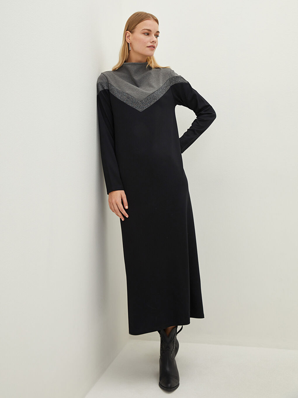 Antrasit Dik Yaka Renk Bloklu Uzun Kollu Kadın Elbise