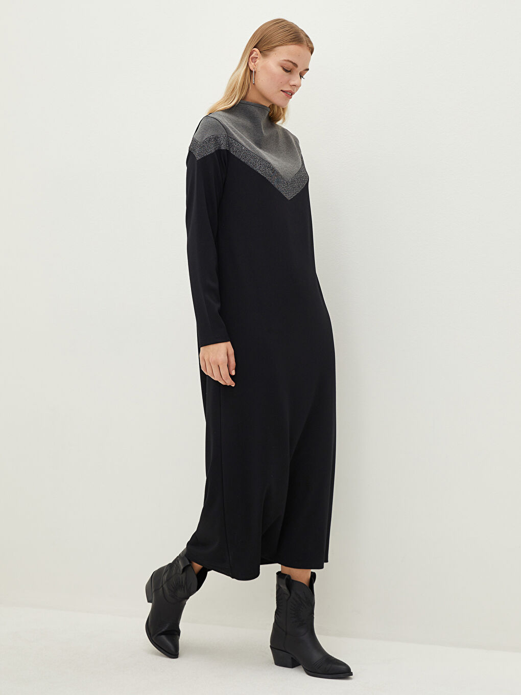 Antrasit Dik Yaka Renk Bloklu Uzun Kollu Kadın Elbise-1