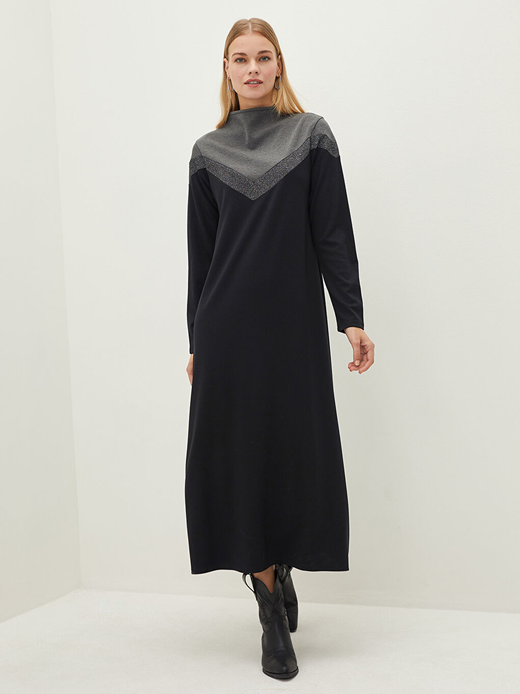Antrasit Dik Yaka Renk Bloklu Uzun Kollu Kadın Elbise-2