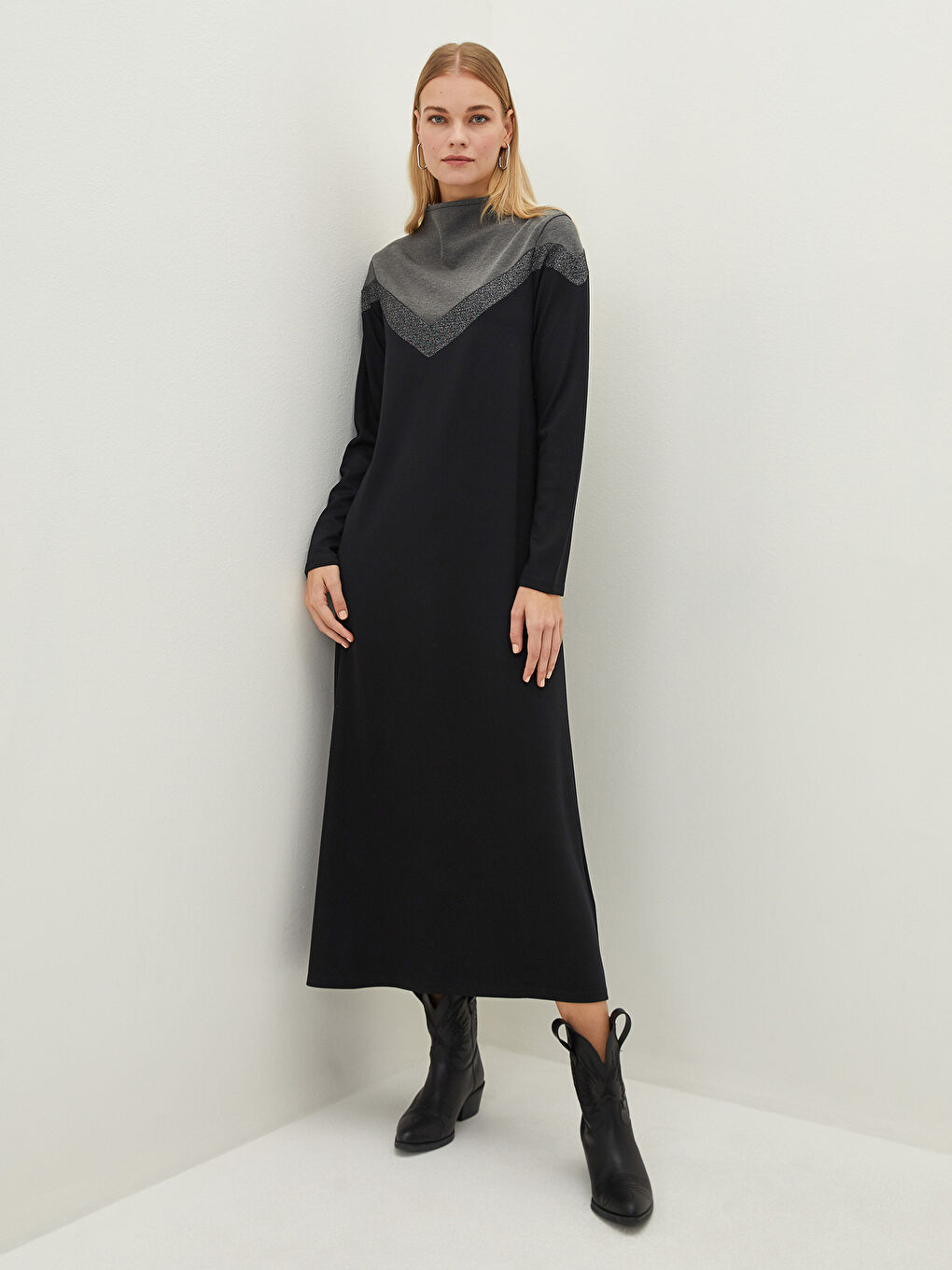 Antrasit Dik Yaka Renk Bloklu Uzun Kollu Kadın Elbise-3