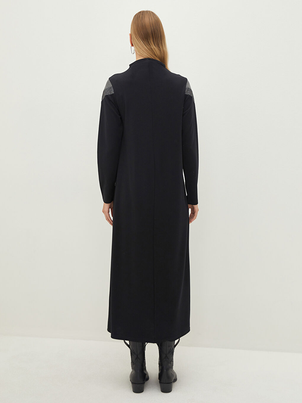 Antrasit Dik Yaka Renk Bloklu Uzun Kollu Kadın Elbise-4