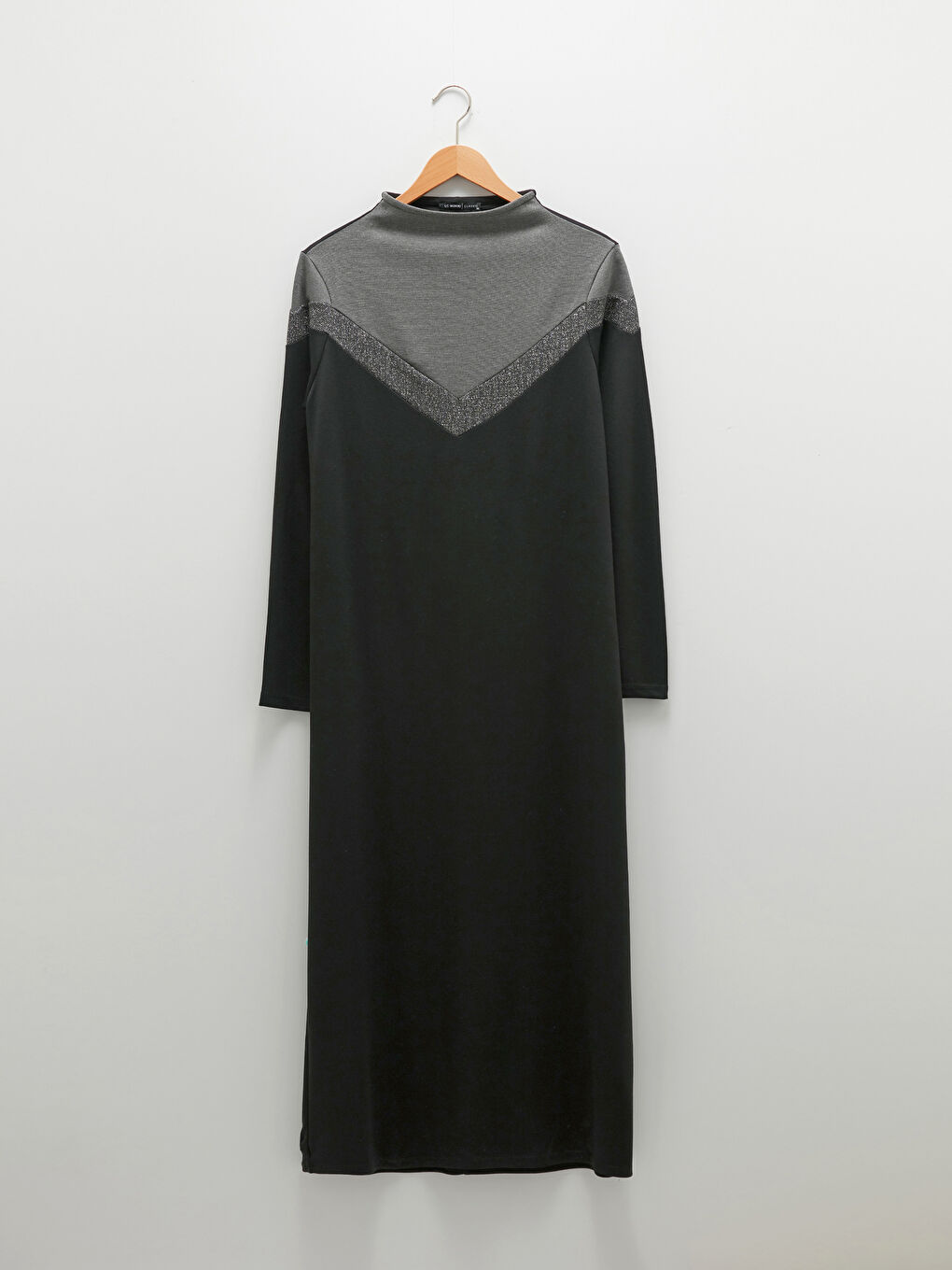 Antrasit Dik Yaka Renk Bloklu Uzun Kollu Kadın Elbise-5