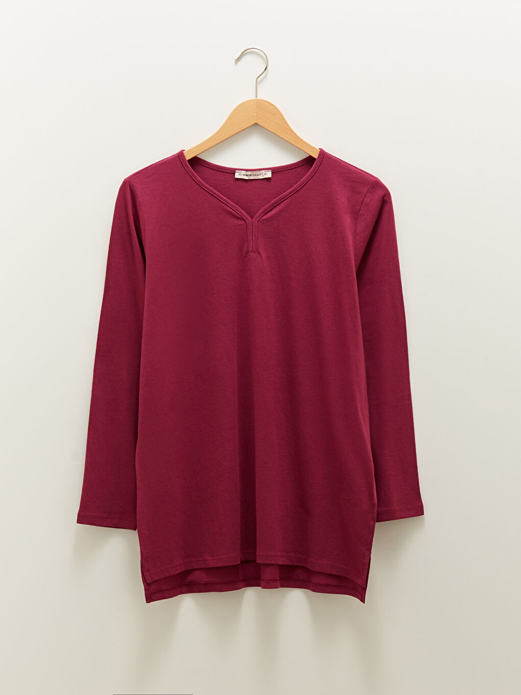 V Neck Straight Long Sleeve Cotton Women's T-Shirt-5