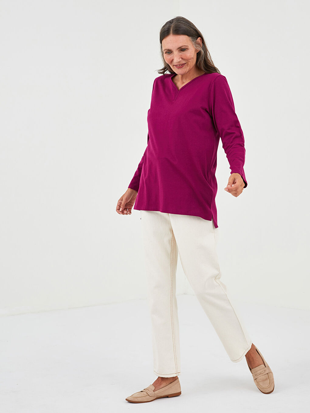 V Neck Straight Long Sleeve Cotton Women's T-Shirt-2