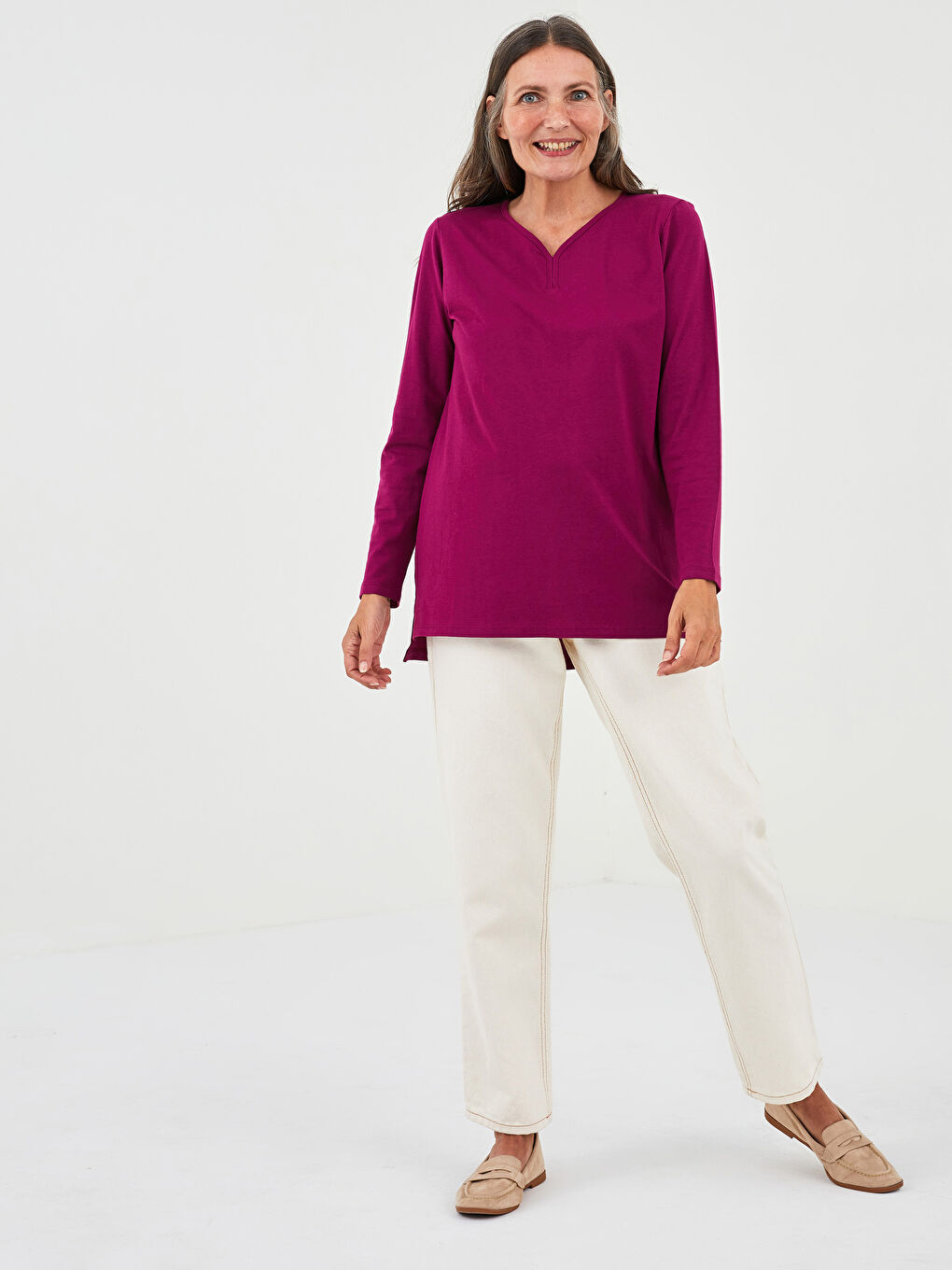 V Neck Straight Long Sleeve Cotton Women's T-Shirt-3