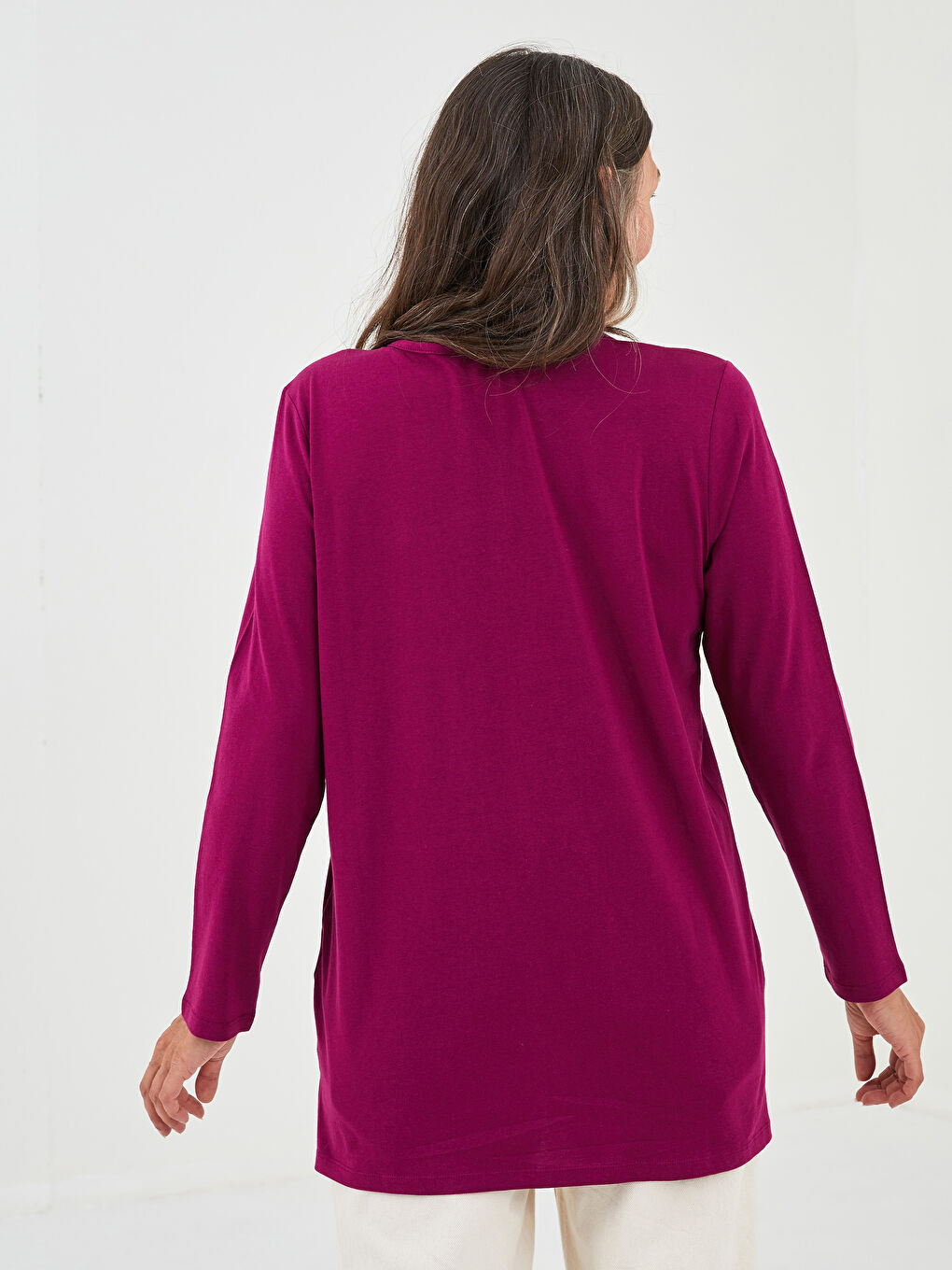 V Neck Straight Long Sleeve Cotton Women's T-Shirt-4