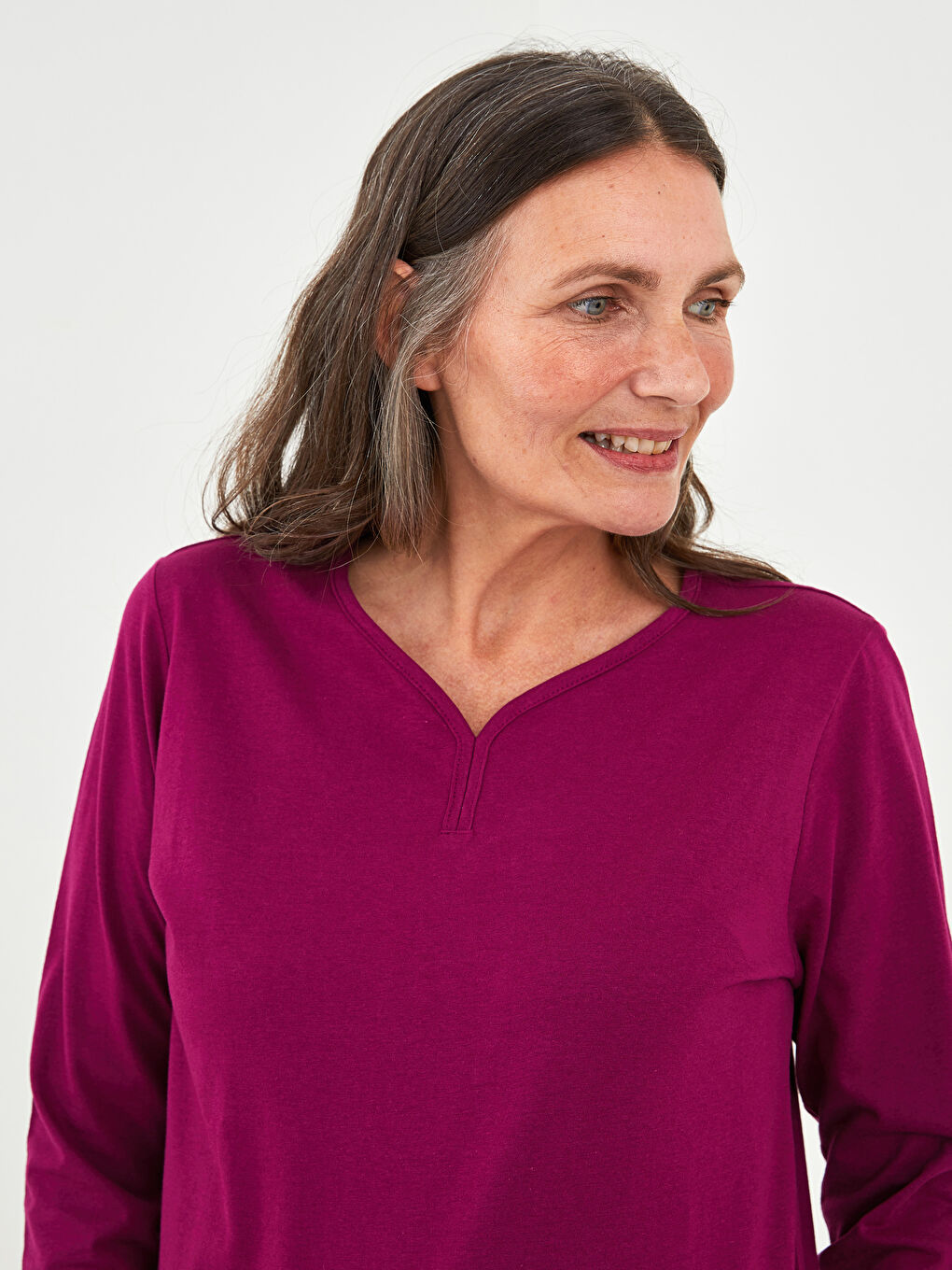 V Neck Straight Long Sleeve Cotton Women's T-Shirt-1