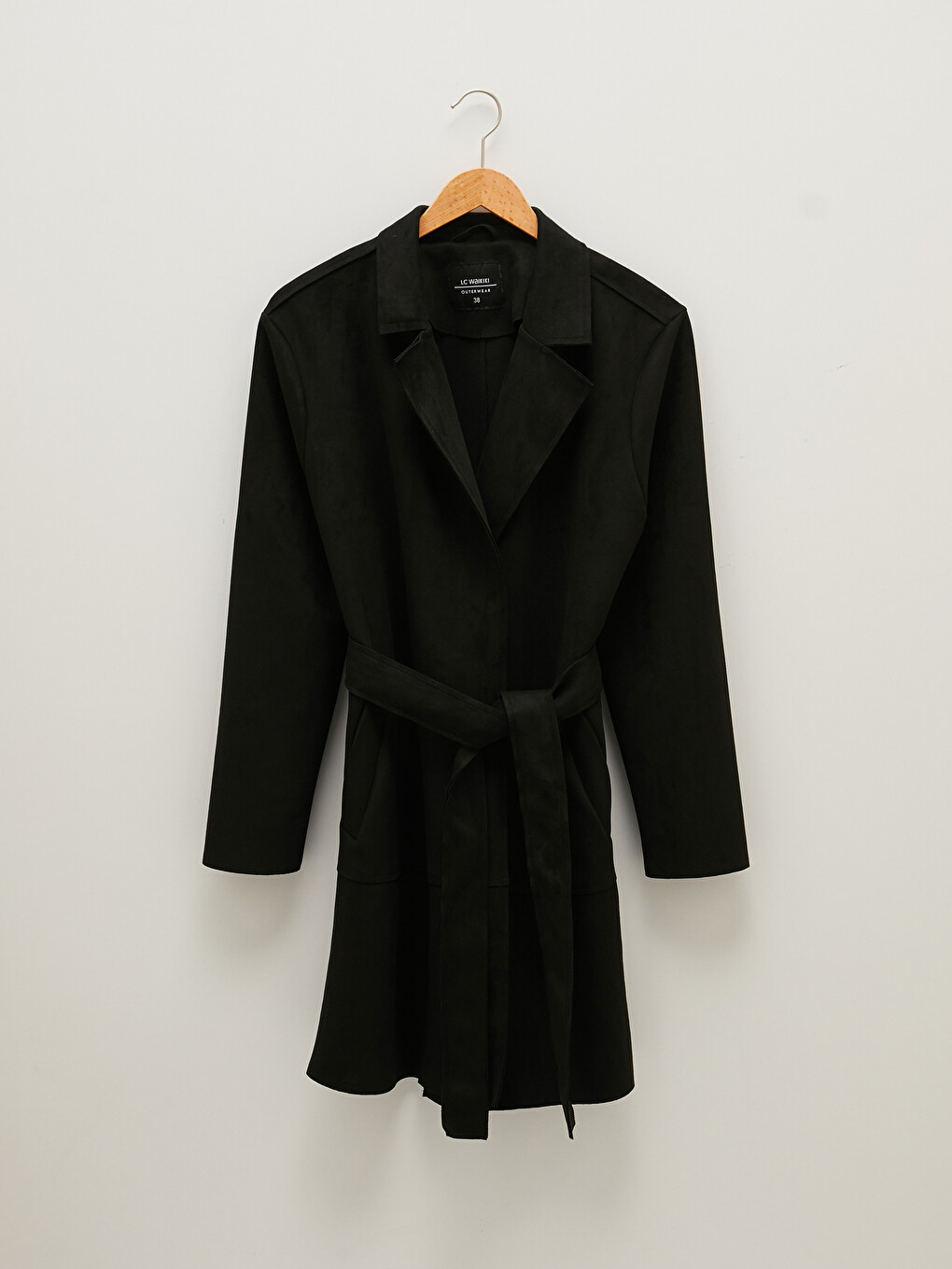 Jacket Collar Straight Waist Belt Pocket Detailed Long Sleeve Suede Fabric Women's Trench Coat-11