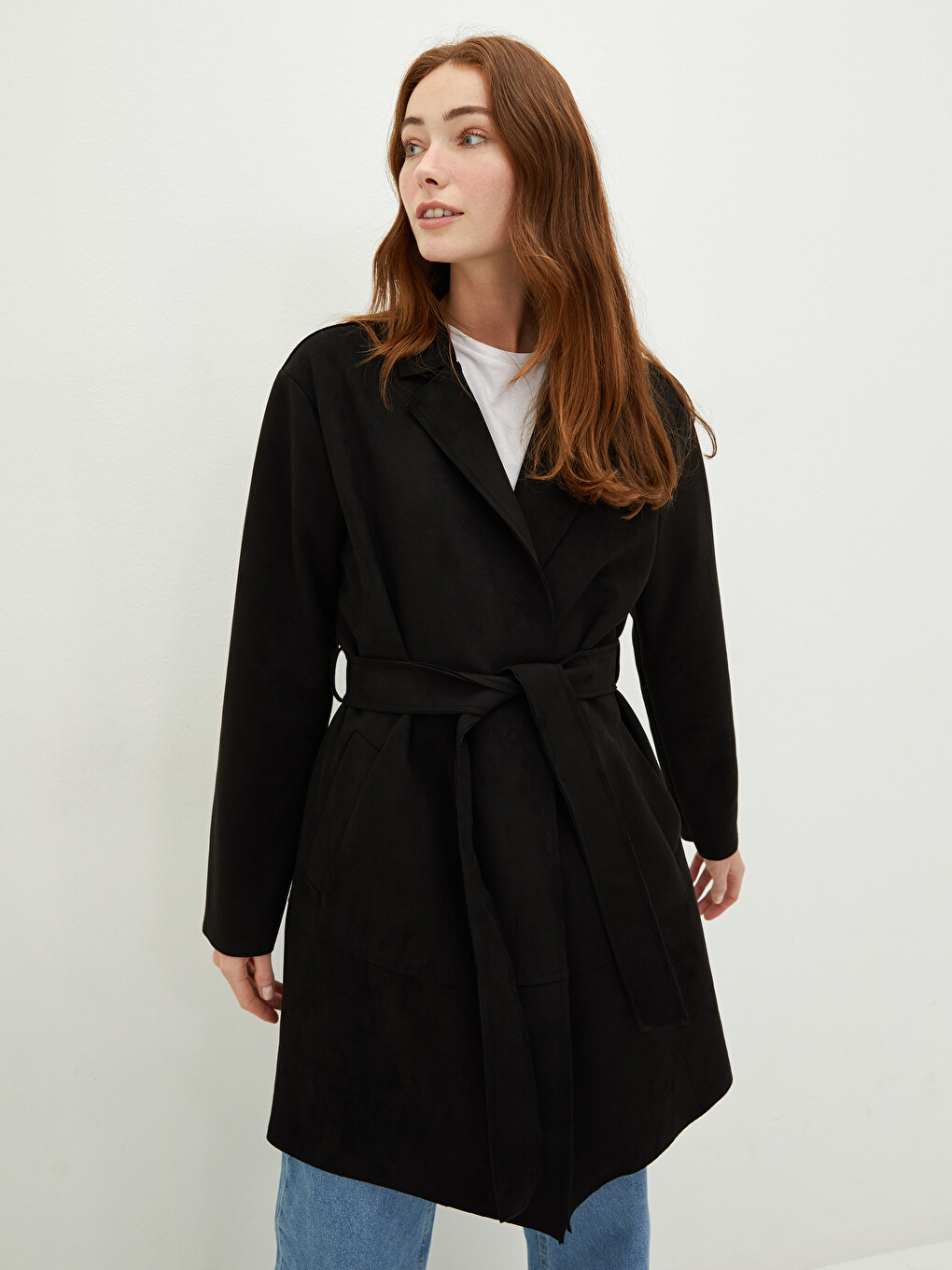 Jacket Collar Straight Waist Belt Pocket Detailed Long Sleeve Suede Fabric Women's Trench Coat-5