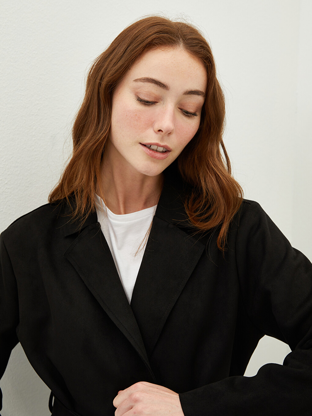 Jacket Collar Straight Waist Belt Pocket Detailed Long Sleeve Suede Fabric Women's Trench Coat-7