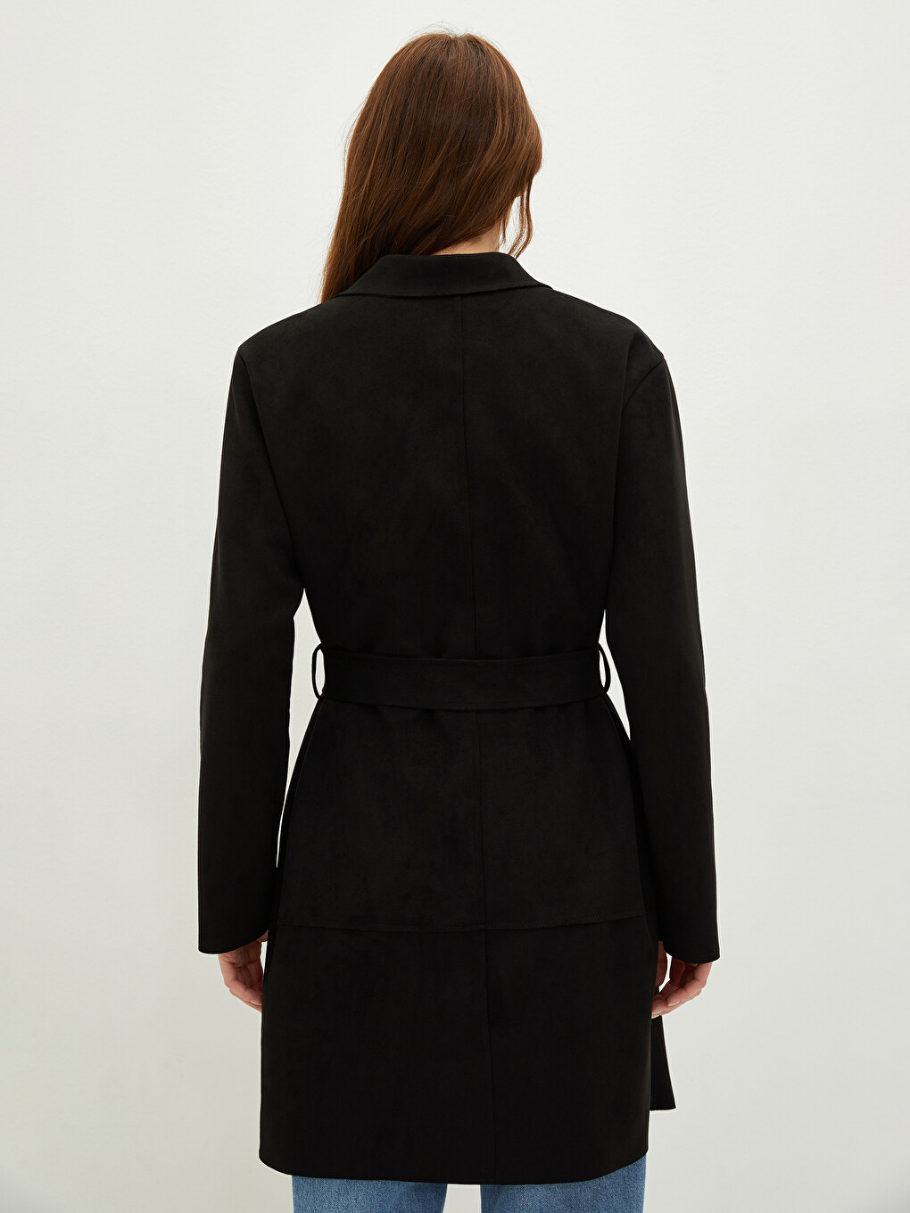 Jacket Collar Straight Waist Belt Pocket Detailed Long Sleeve Suede Fabric Women's Trench Coat-9