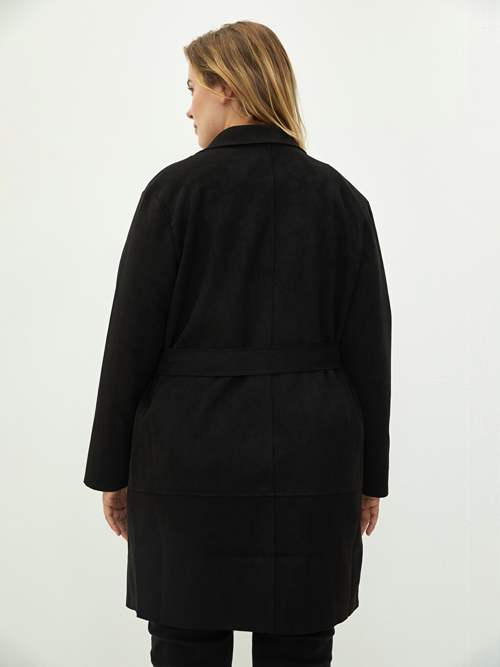 Jacket Collar Straight Waist Belt Pocket Detailed Long Sleeve Suede Fabric Women's Trench Coat-10