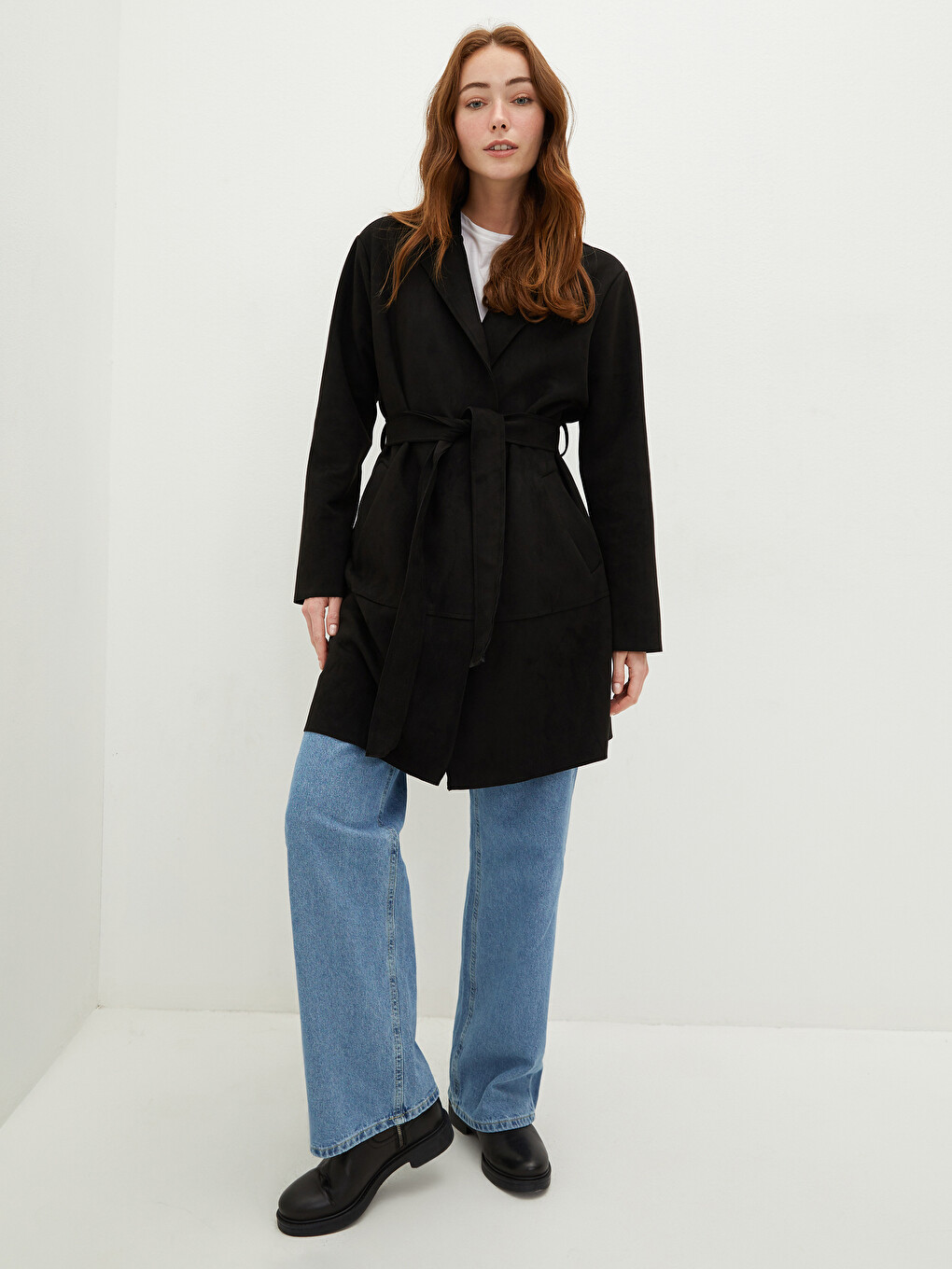 Jacket Collar Straight Waist Belt Pocket Detailed Long Sleeve Suede Fabric Women's Trench Coat-1