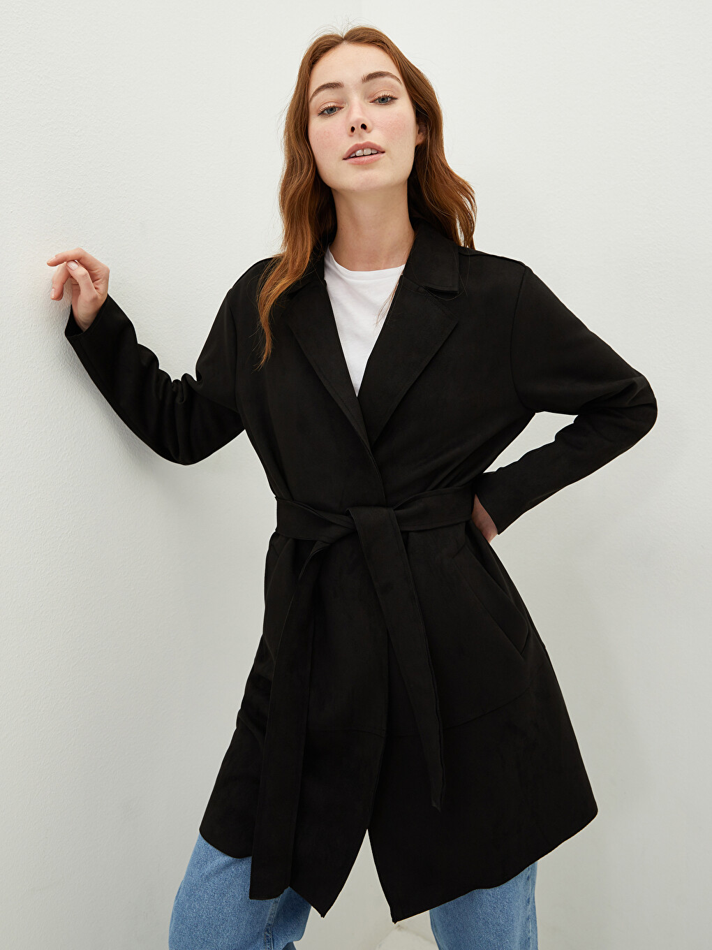 Jacket Collar Straight Waist Belt Pocket Detailed Long Sleeve Suede Fabric Women's Trench Coat-3