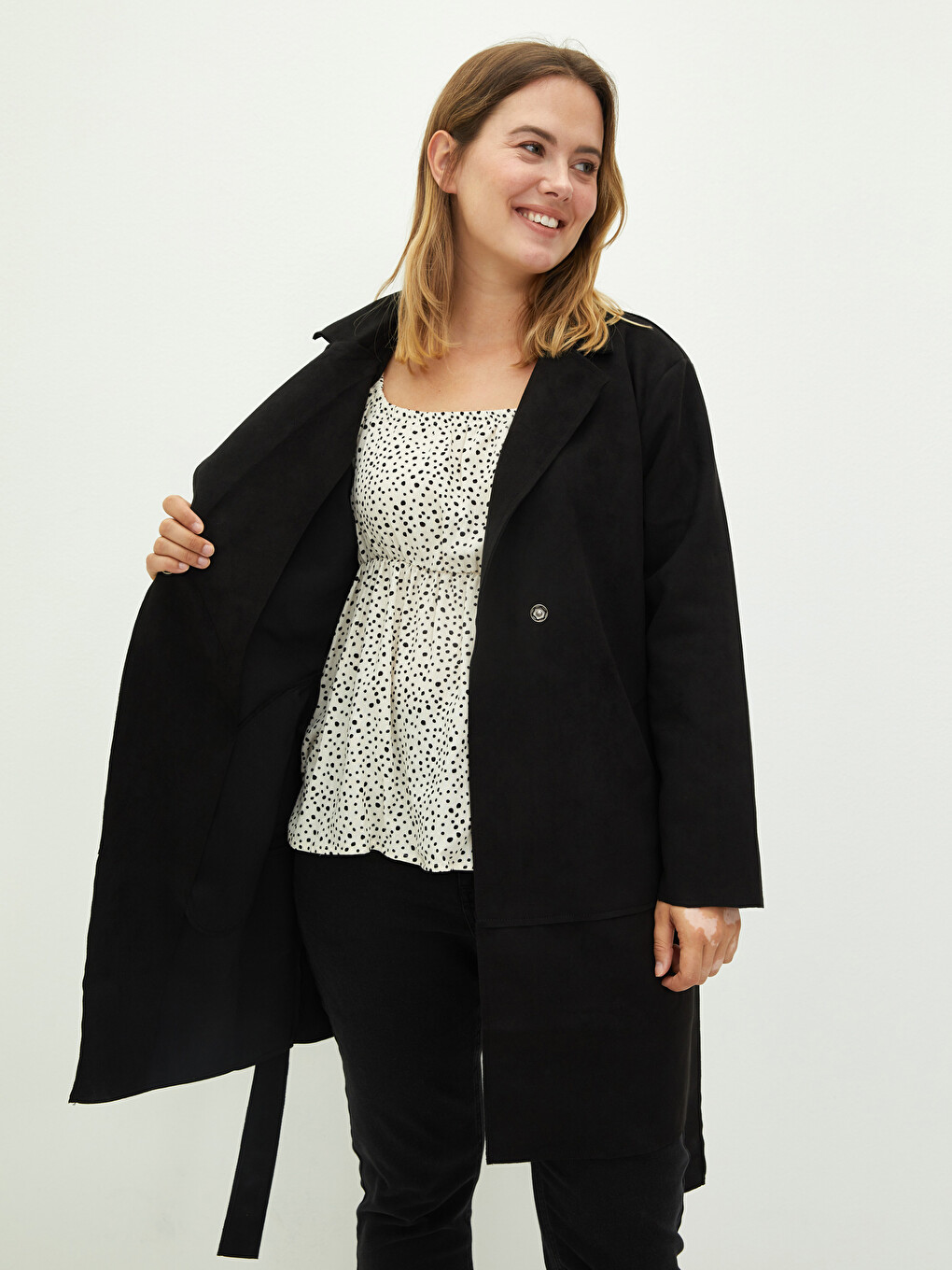 Jacket Collar Straight Waist Belt Pocket Detailed Long Sleeve Suede Fabric Women's Trench Coat-4