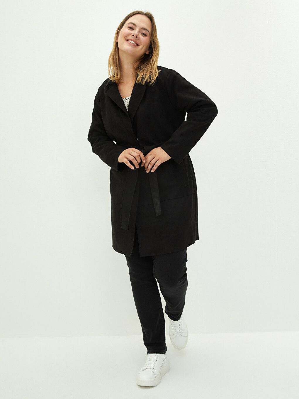Jacket Collar Straight Waist Belt Pocket Detailed Long Sleeve Suede Fabric Women's Trench Coat-6