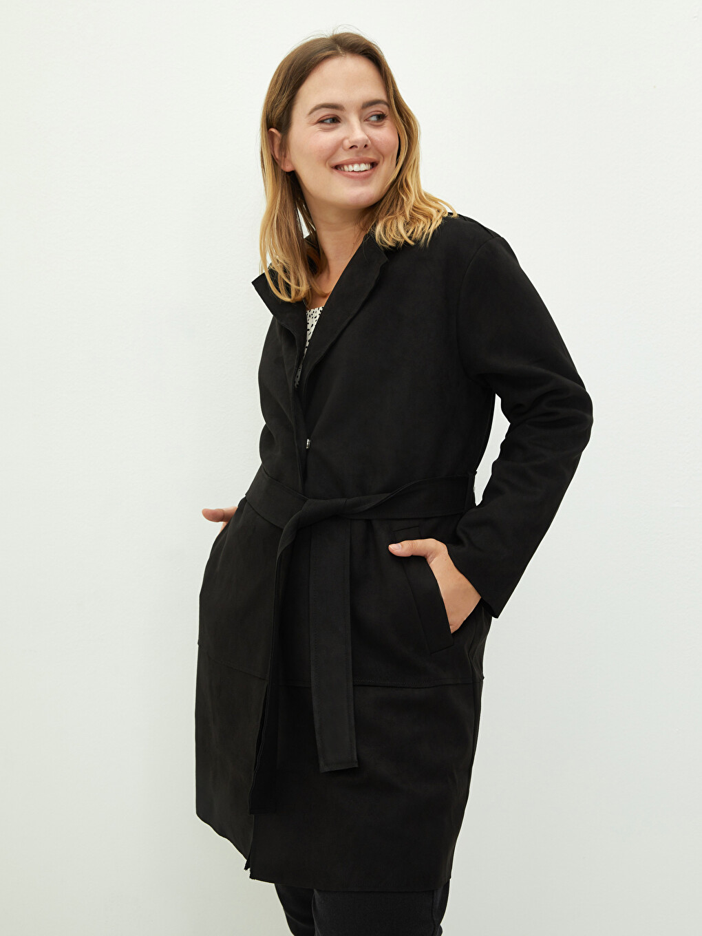 Jacket Collar Straight Waist Belt Pocket Detailed Long Sleeve Suede Fabric Women's Trench Coat